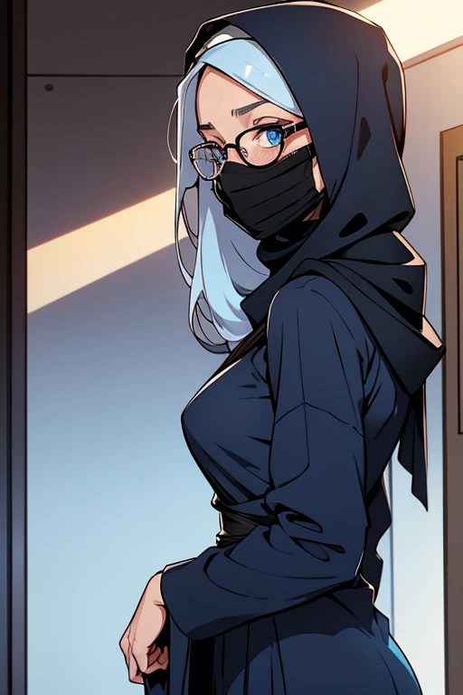 Side Portrait of a beautiful 22 years old woman with blue eyes, wearing a hijab, a long longsleeved dress and glasses, a lot of facial freckles,surgical mask.