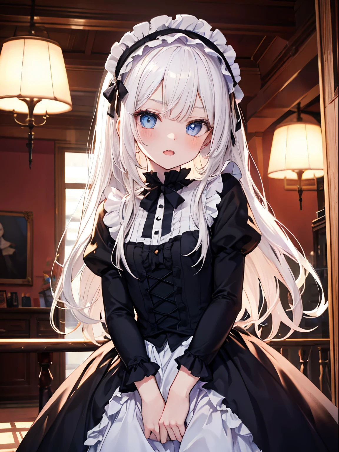 masutepiece, Highest Quality, (Perfect face:1.1), (high detailing:1.1), (ultradetailed eyes), Dramatic, superfine illustration, Extremely detailed, 1girl in, (pale skin), (long white hair), Ethereal eyes, Blue eyes,tareme, (light eyebrow),blush,Solo, Smile, Open mouth,Pouty lips,Cinematic lighting, Looking at Viewer,Cowboy Shot,Gothic lolita, frilld, bow ribbon,Head dress, Black,a room