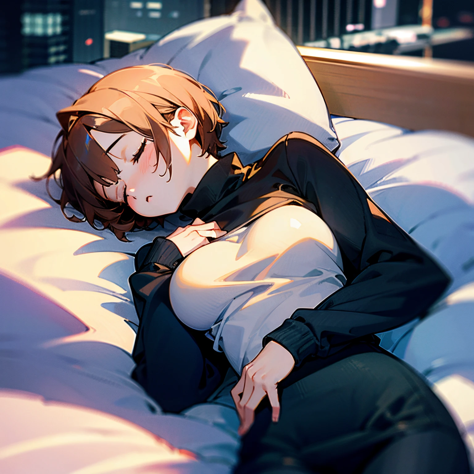 masterpiece , best quality , a girl , very short hair , tight sweatshirt , uncovered breast, sleeping , city