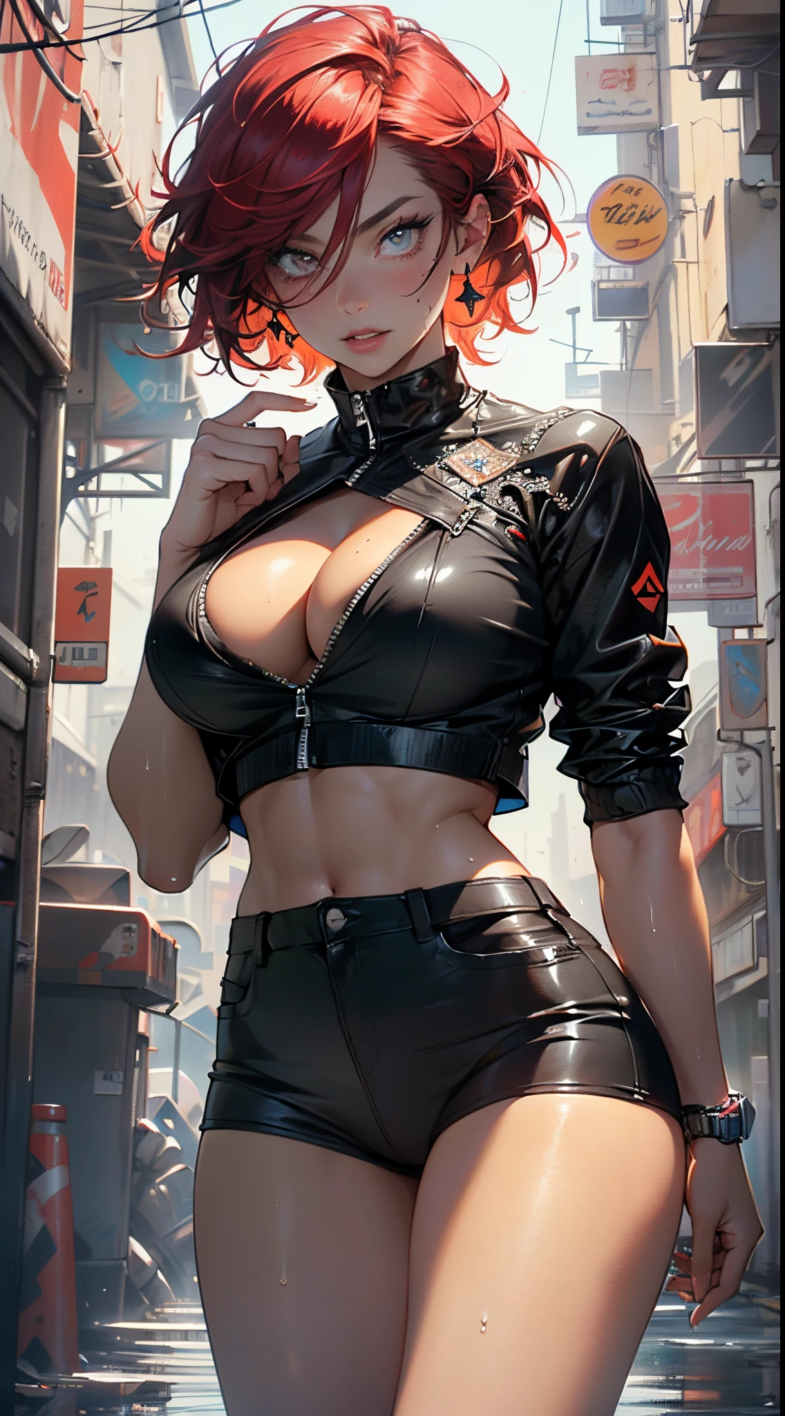 mechanical girl,(1girl:1.3),((1 black girl with extremely cute and beautiful red hair)),((((black race)))),

(big breasts: 1.4),sagging breasts,(((short red hair: 1.35,cropped,redhead,very short hair))),((heterochromia:1.5, (orange_eye and red_eye))),intricate eyes,beautiful detailed eyes,symmetrical eyes,(fat),((((tan,dark skin,black skin:1.35,dark-skinned_female,dark skin:1.3,ebony skin,lustrous skin:1.5,bright skin: 1.5,shiny skin,very shiny skin,shiny body,illuminated skin,wet legs)))),(spider lower abdomen,narrow waist,wide hip ,athletic body,inflated legs,detailed body,(detailed face)),((muscle legs)),((muscular thighs)),((muscular girl)),((strong and muscular,bodybuilder,strong body,muscular,feminine and muscular)),((ABS)),(huge stature,tall stature,very tall girl),

cute,slutty,sensual,seductive look,seductive,erotic,((nsfw)),

(fitted overalls:1.3,suit unbuttoned),((mechanical tools on his clothing,cyberpunk clothes)),(((huge cleavage))),((wet clothes,intricate outfit,intricate clothes)),

(dynamic pose:1.0),embarrassed,(centered,scale to fit dimensions,Rule of thirds),

cyberpunk city by the ocean at night, with bright neon signs and dark stormy clouds and puddles, scenery:1.25,nighttime, starry night, cosmos,Very dark night that makes the neon lights stand out, very bright neon lights,nighttime, starry night, cosmos,

artistic photography,(photography taken by sldr),highres, sharp focus,(ultra detailed, extremely detailed), (photorealistic artwork:1.37),(extremely detailed CG unity 8k wallpaper),((synthwave background theme)),(((vibrant colors))),intricate,(intricate background),(masterpiece),(best quality),perfect rendered face,perfect face details,realistic face,photo realistic,analog style,((intricate detail)),(((realism))),