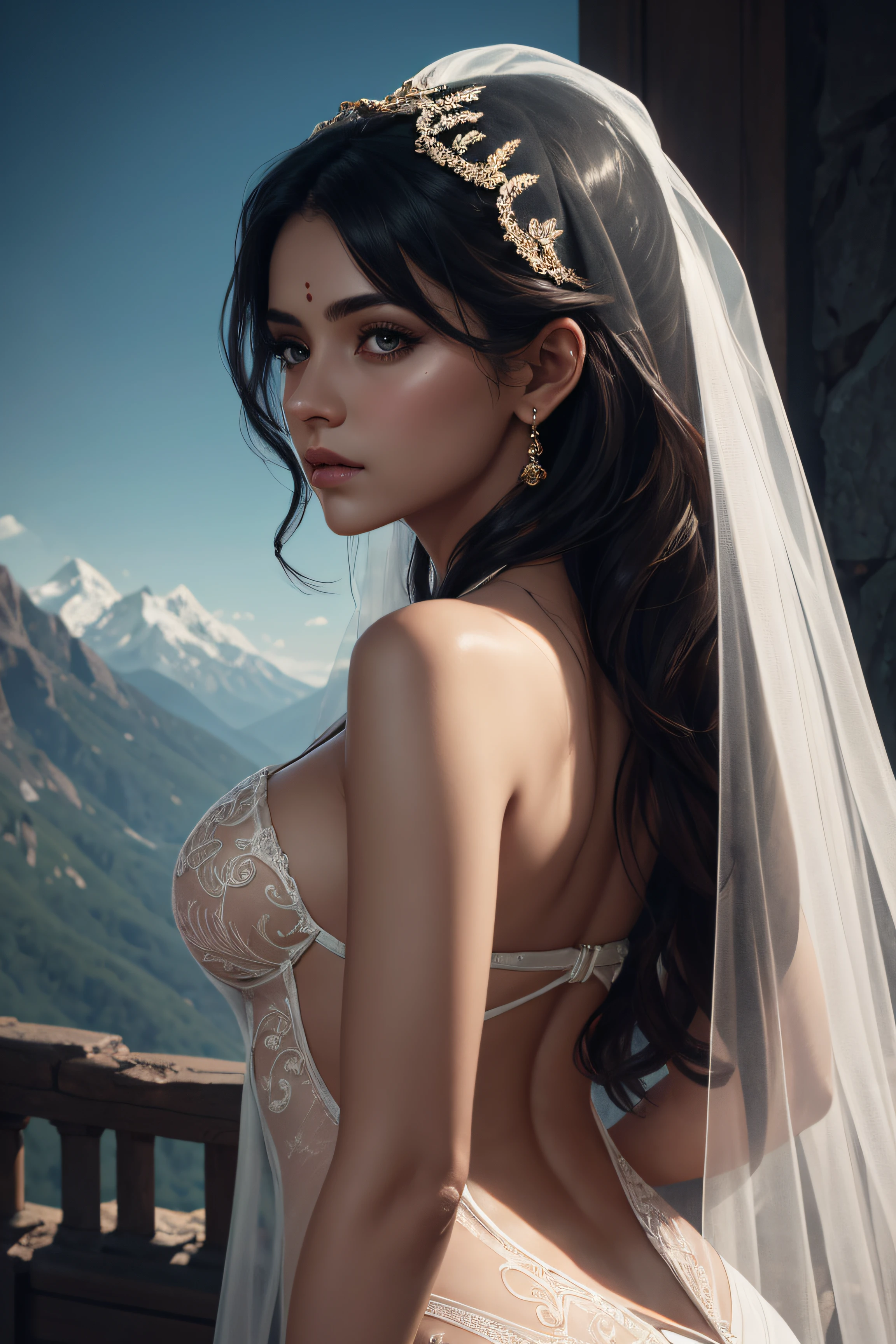 Anya Chalotra, veil bride sexy clothes, stand against the background of the mountains, character portrait, 3 9 9 0 s, long hair, intricate, elegant, highly detailed, digital painting, artstation, concept art, smooth, sharp focus, illustration, art by wlop, charlie bowater and alexandra fomina