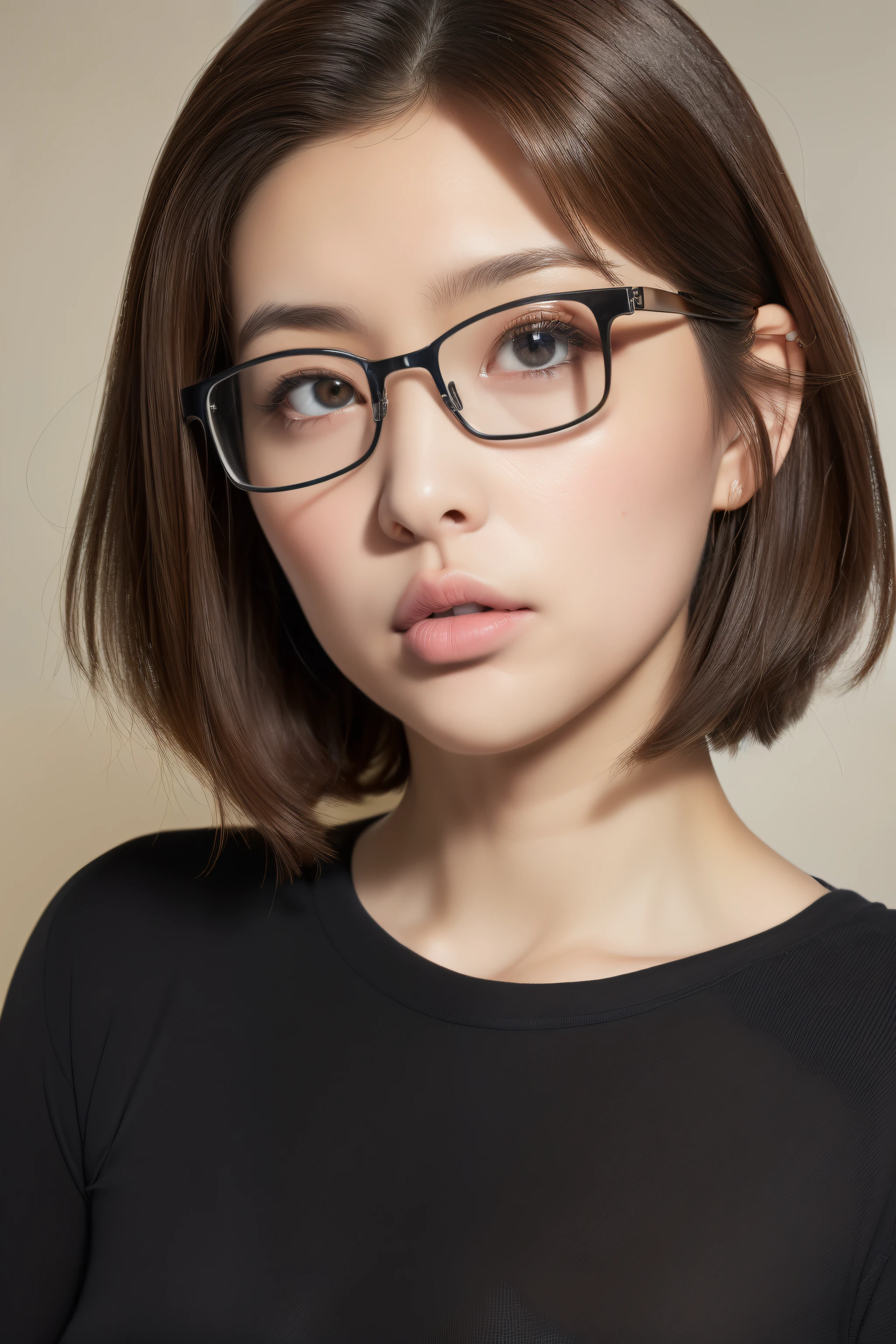 (masuter piece:1.3)、(in 8K、Photorealsitic、Raw photography、top-quality: 1.4)、(1girl in)、Beautiful expression、(Lifelike face)、plump, thick lips、(Brown hair、short-hair:1.1)、Beautiful hairstyle、((((Narrow-eyed、realisticeyes))))、((((Quite thick lower lip))))Wearing glasses、girl with thick lips