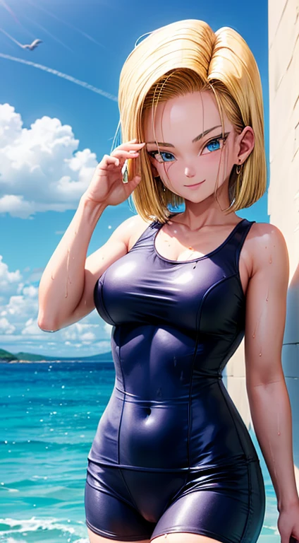 Android 18, ( foto corpo inteiro ), (wet blue swimsuit), (decote) seios enormes, muito sedutor, pose sedutora, sorridente, fofo, muito fofo, Ultra High Definition, master part, Ultra alta qualidade, detalhamento ultra, 8k,