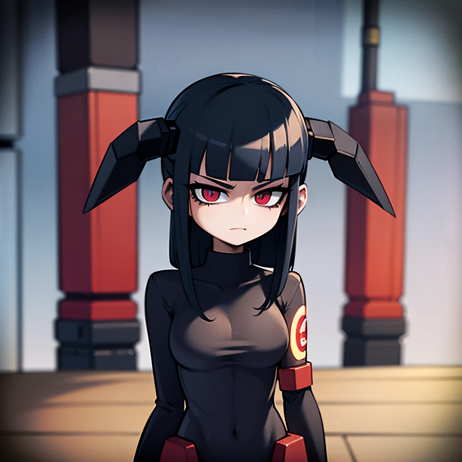 Young woman, dark blue hair, red eyes, goth girl, wearing black beret, mecha girl, robot girl, , robotic woman, metal in body, black iron, on a cyberpunk city, 4k, masterpiece, HD, anime 2D, good anathomy