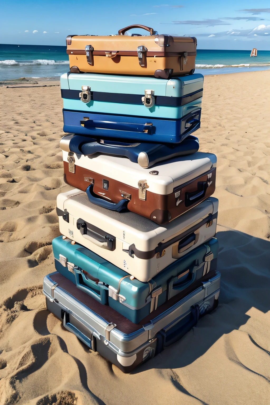 A pile of suitcases at the beach