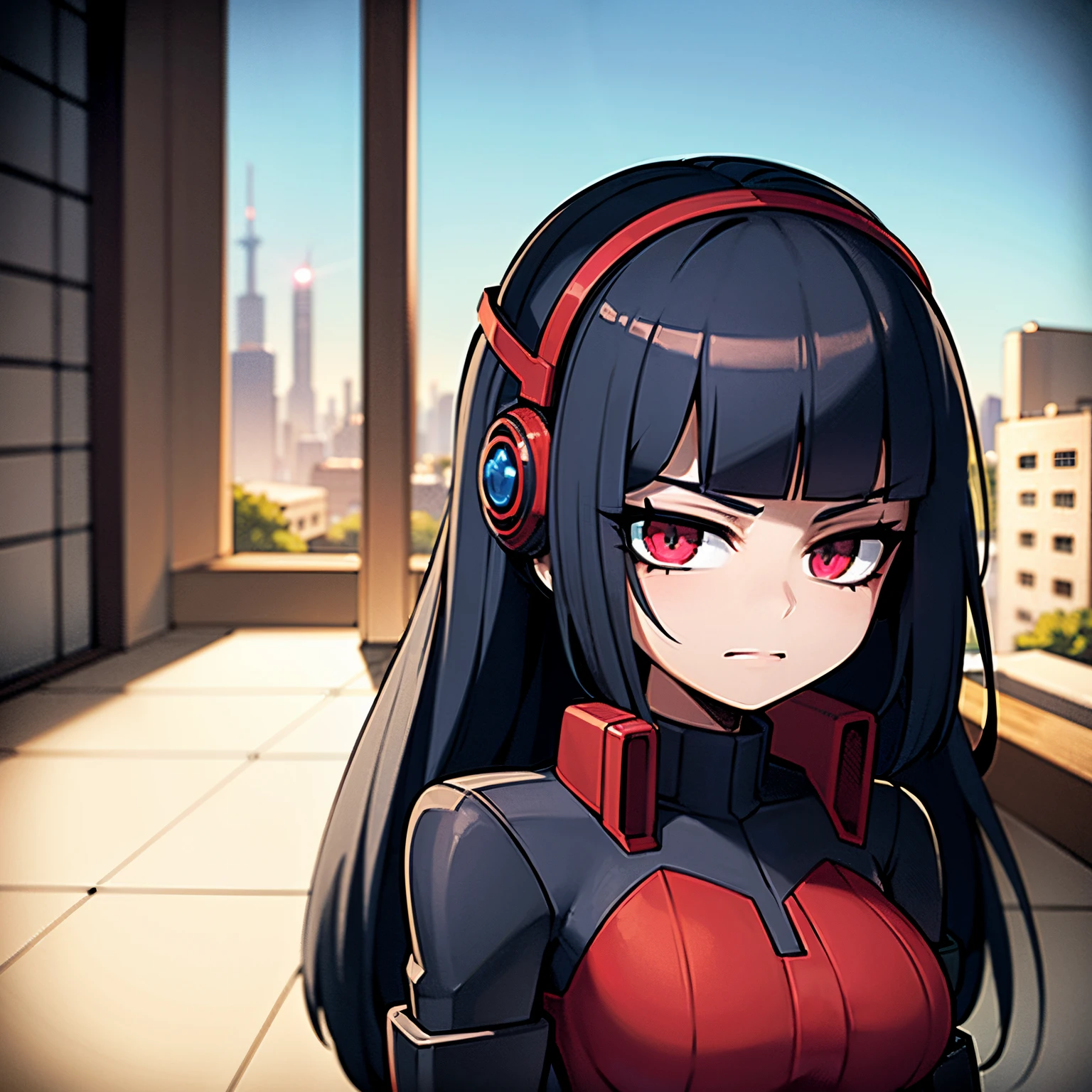 Young woman, dark blue hair, red eyes, goth girl, wearing black beret, mecha girl, robot girl, , robotic woman, metal in body, black iron, on a cyberpunk city, 4k, masterpiece, HD, anime 2D, good anathomy