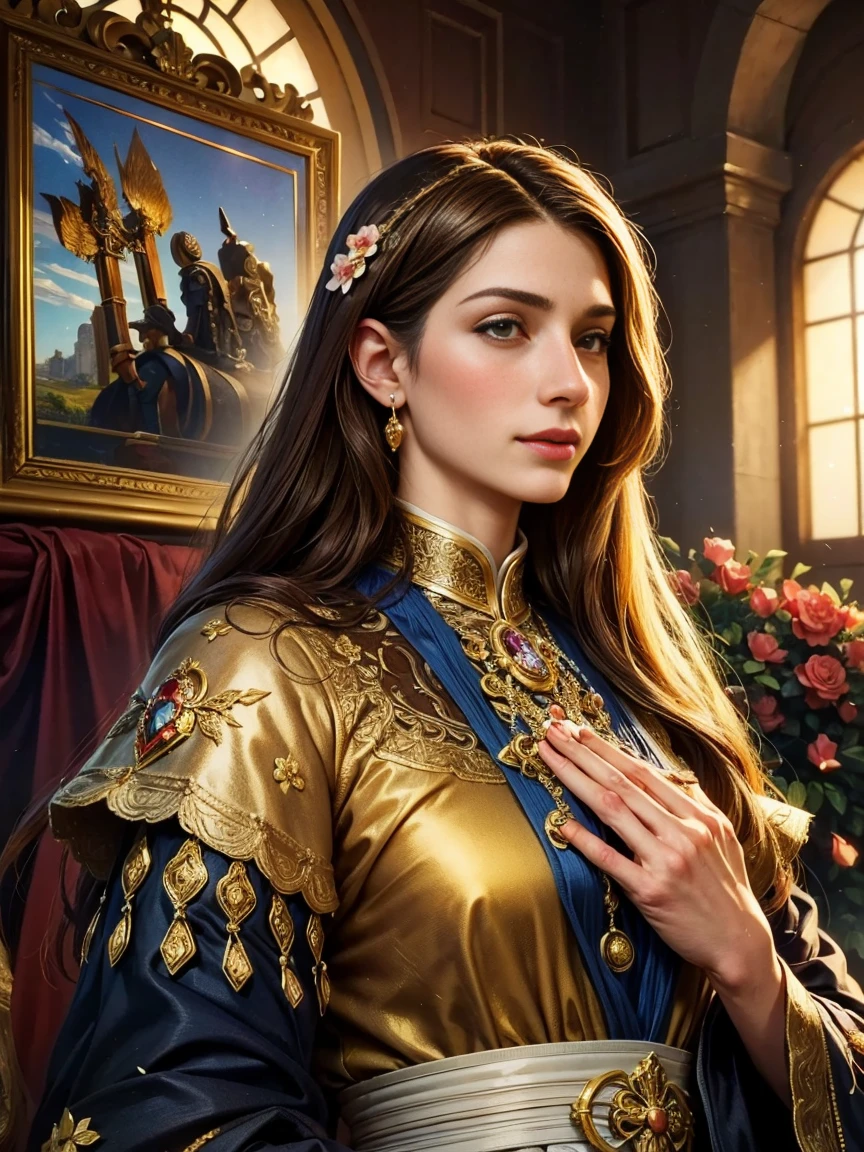 Large screen main body:Medium where the Great Emperor, restored by Constaninus, looks happily.: Details of oil painting addition:Inside the ornate palace、a person々cheered、Qualitative details depicting waving a bouquet of flowers: hiquality(4k, 8k, highres, masterpiece:1.2), amazing detail, realisitic(photorealistic, photo-realistic:1.37)
Art style: Historical Portrait Color Palette: Painted in rich tones based on jewel tones.。
Lighting: Warm natural light illuminates the portrait、Beautiful views of Jerusalem in the background。