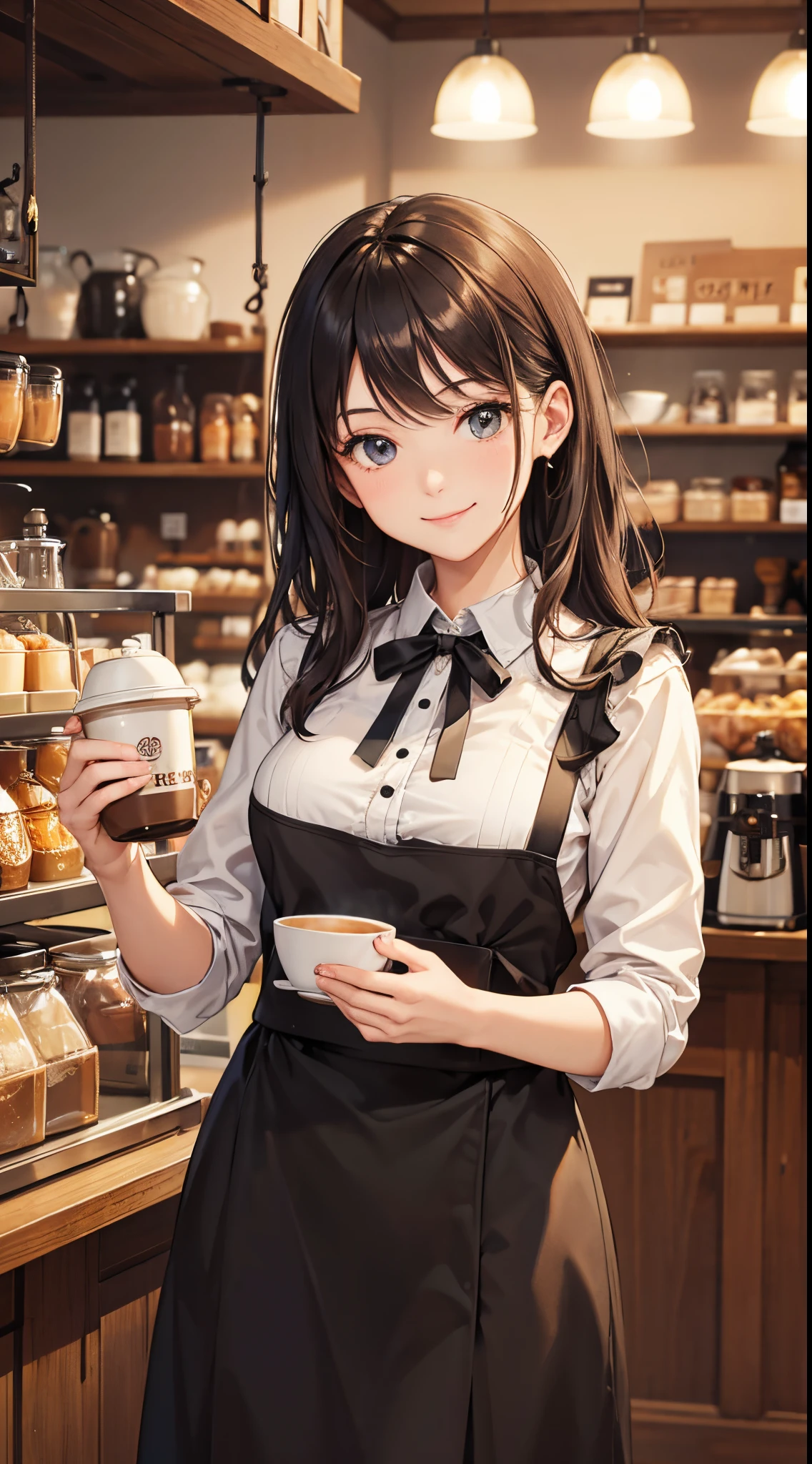 master piece,best quality,Stylish Western-style cafe,Female clerk in café,Cafe clerk uniform,detailed  clothes,carrying a coffee pot,a smile,Bright atmosphere in the store