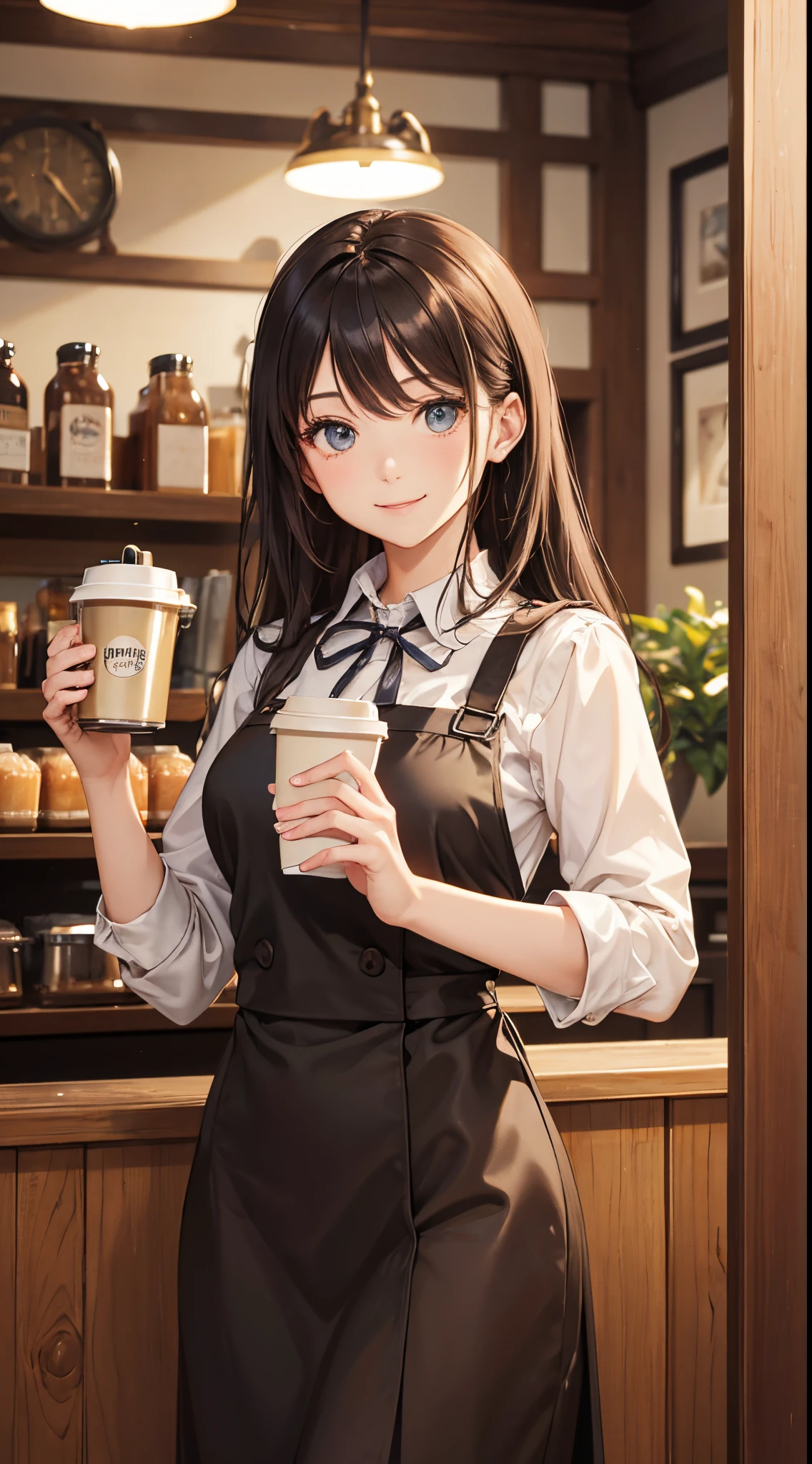 master piece,best quality,Stylish Western-style cafe,Female clerk in café,Cafe clerk uniform,detailed  clothes,carrying a coffee pot,a smile,Bright atmosphere in the store