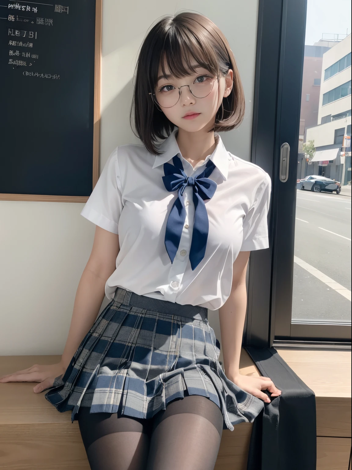 high school girl、Bob Hair、mini skirt、stockings、See-through、sit