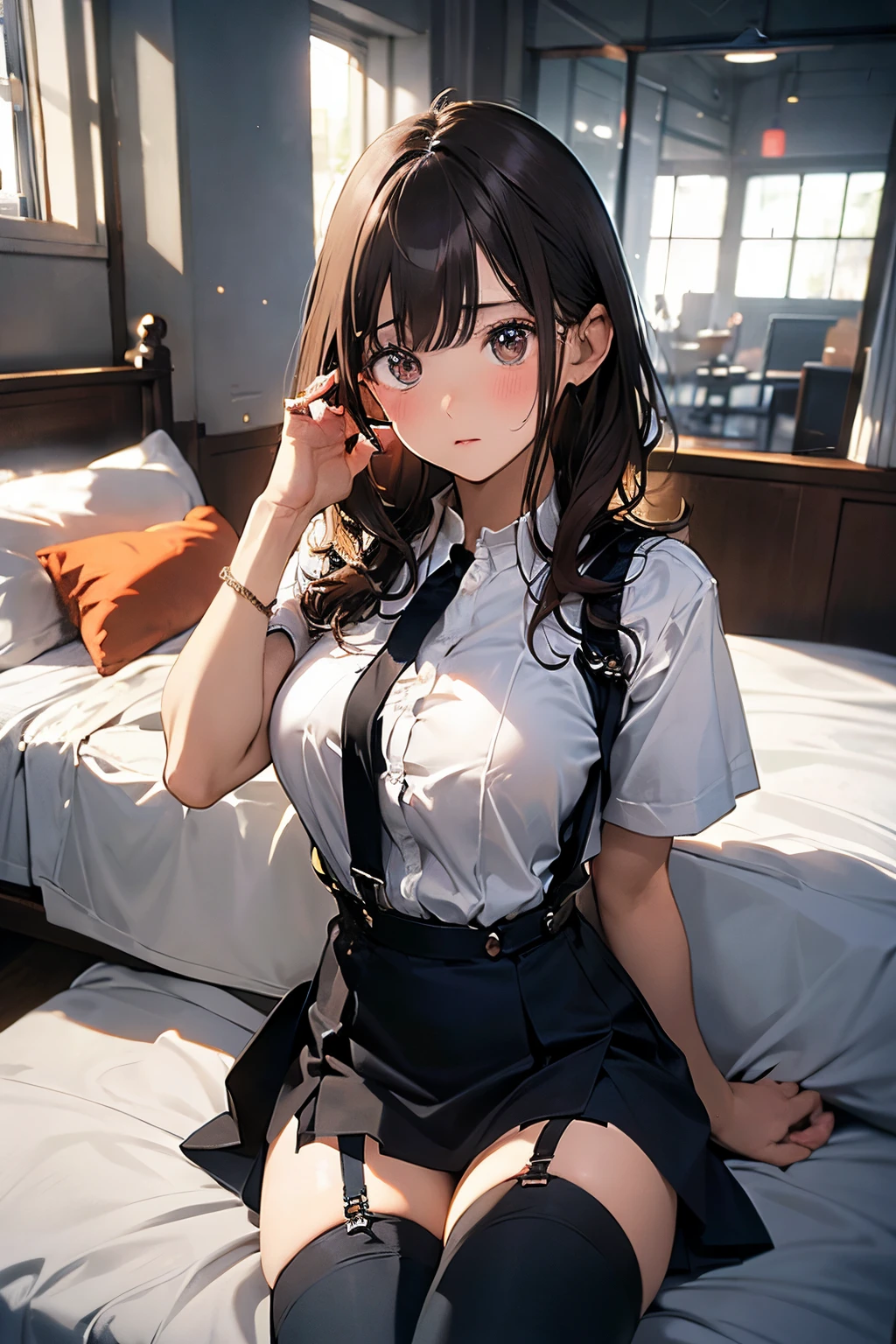 masterpiece、flat-colors、depth of fields、lens flare 1 girl、、Brown hair、watching at viewers black suspenders Bulging big breasts walls: Black miniskirt garters Gaze Small face bangss holster Belt Armament Beautuful Women srestrained hands up Lying in bed Leg holster lying on the bed