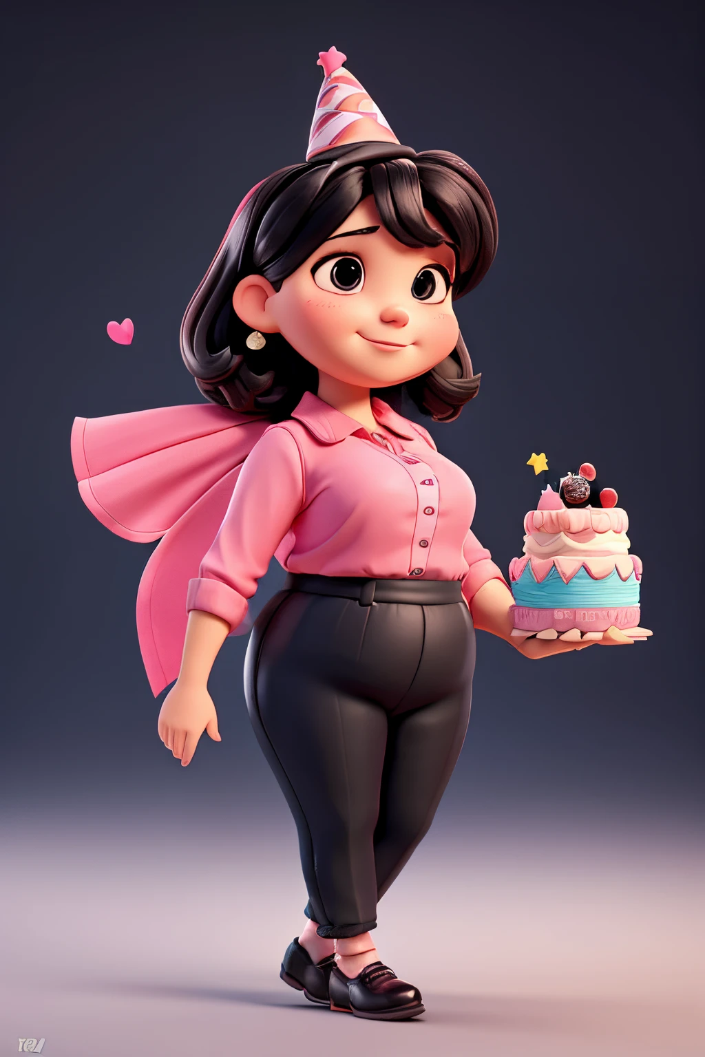 a chubby ''woman'' holding a birthday cake, with pink blouse, black pants, 4k, high resolution, happy, looking north, black hair, black eyes with a ''triangular birthday hat''