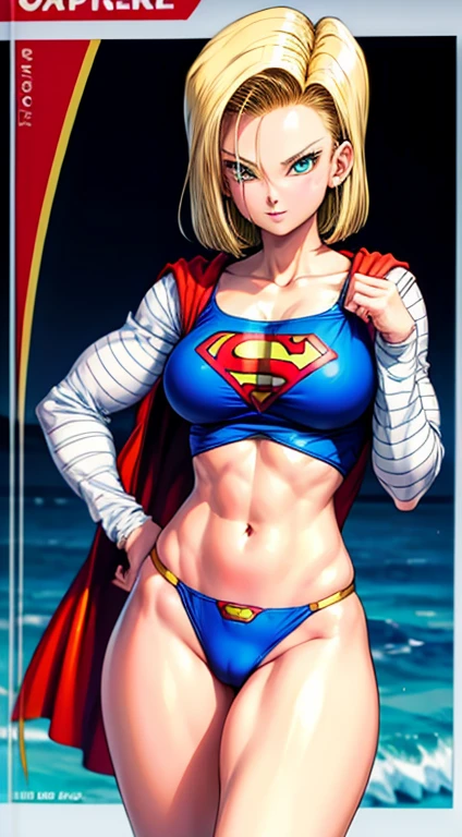 Android 18 como a supergirl( foto de corpo inteiro), ((blue swimsuit)), usando uma capa vermelha ((seios grande)), peitos grande, corpo definidos muito sedutor, pose sedutora, sorridente, fofo, muito fofo, Ultra High Definition, master part, Ultra alta qualidade, detalhamento ultra, 8k, usando traje da super girl, com s do Superman