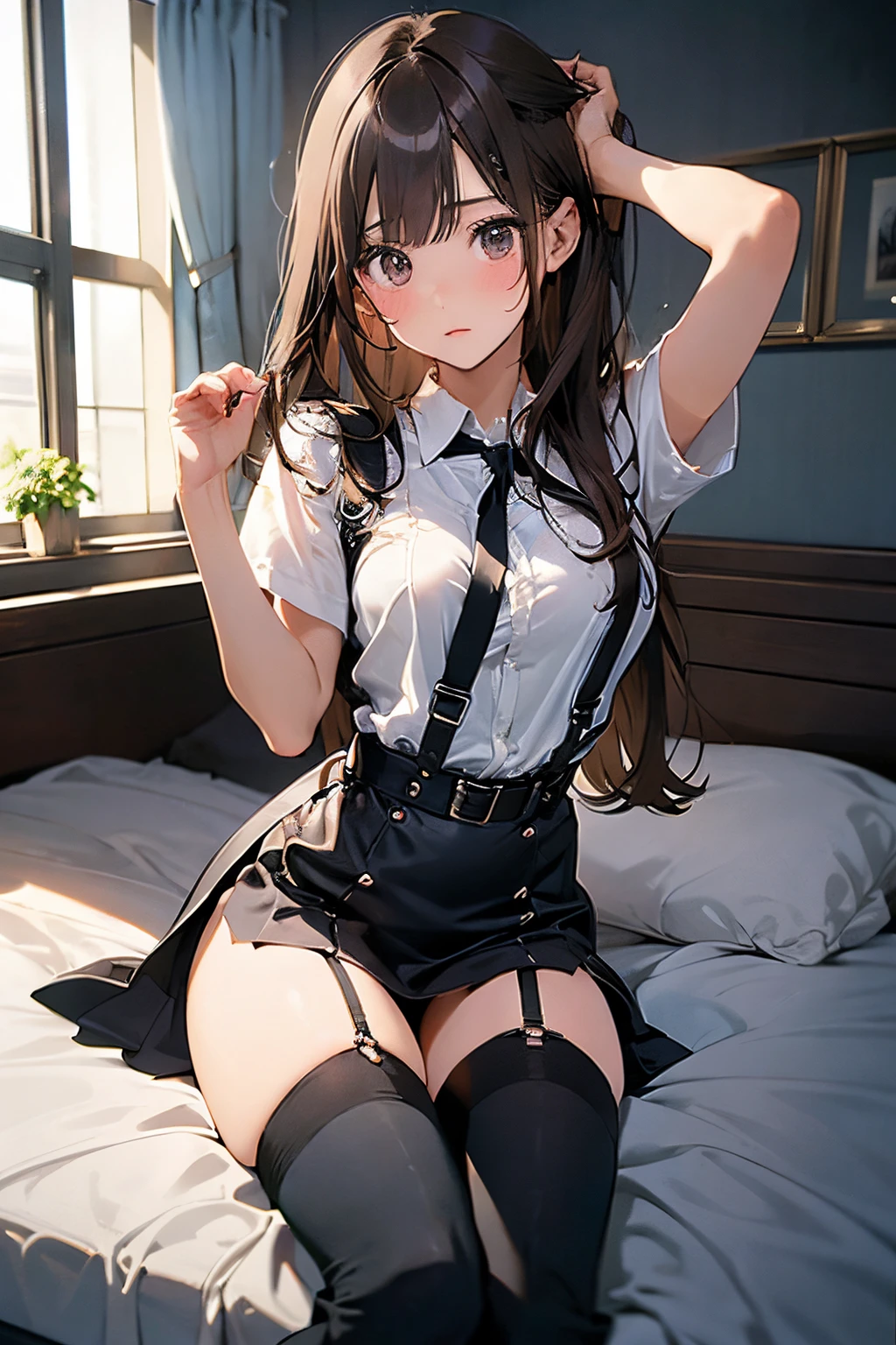 masterpiece、flat-colors、depth of fields、lens flare 1 girl、、Brown hair、watching at viewers black suspenders Bulging big breasts walls: Black miniskirt garters Gaze Small face bangss holster Belt Armament Beautuful Women srestrained hands up Lying in bed Leg holster lying on the bed