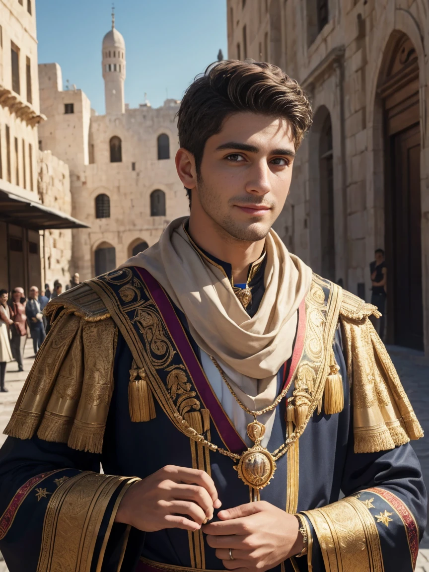 (best quality,4k,8k,highres,masterpiece:1.2), ultra-detailed, realistic,physically-based rendering, professional, vivid colors, bokeh, portraits, Roman Emperor Constantine the Great resurrected in the modern world, a young adult man, bright and sharp gaze, looking up at the sky, wearing a warm smile, a renowned international journalist and a warm travel writer who connects with the daily lives of people, ambitious and passionate in his work, sincere and kind-hearted yet firm and uncompromising when necessary, the backdrop of Jerusalem.