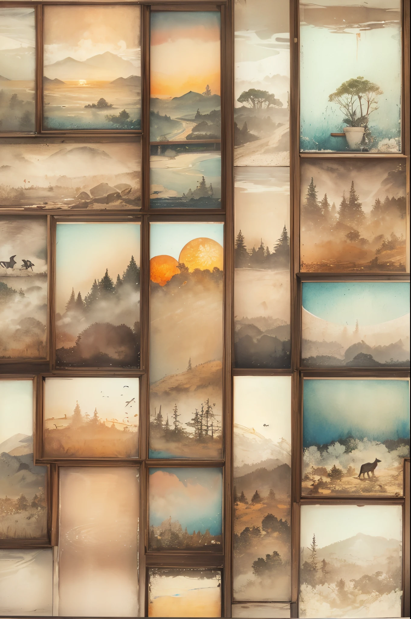 (Fantastic world)(Mysterious space of morning mist) Morning sun rises from the horizon and light shines through the darkness. Even the animals wake up from their beds, rubbing their sleepy eyes in the morning awakening light. The pleasant light makes them happy to start the day.(Ink on Japanese paper, which tends to bleed easily)(contemporary art like a picture book) (transparent watercolor) (light itself expressed as real) (layers of soft, rich colors) (shades of paint dissolved thinly with water) (deep, delicate colors)