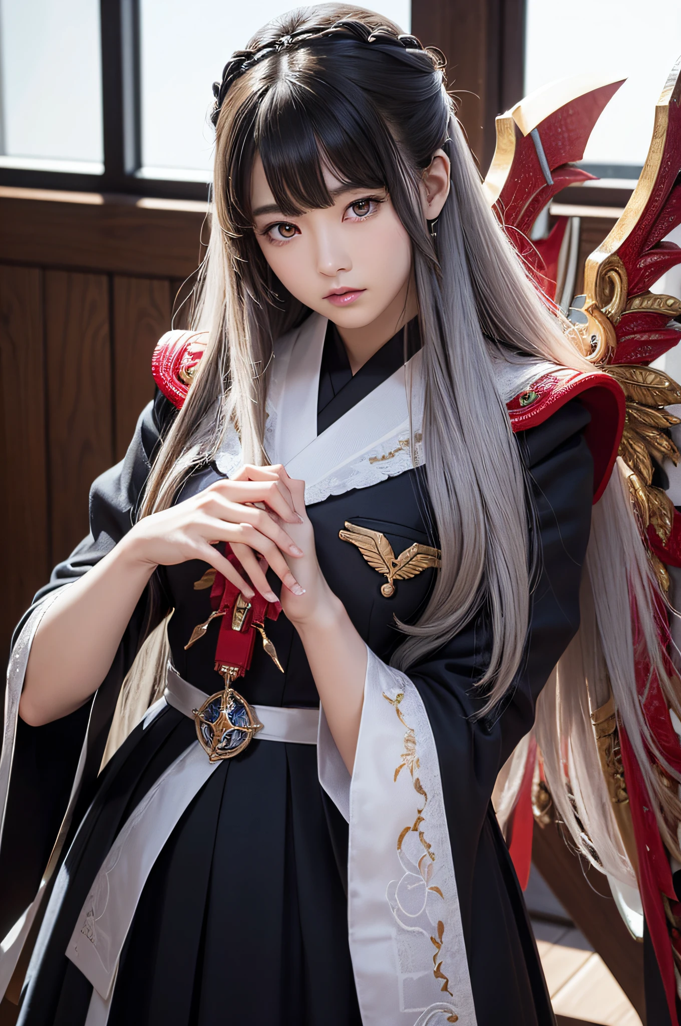1 Japanese、War Frame、Prime、Si Prime、Bolt Prime、saryn prime dynamic pose、complex pattern、heavy-metal、energy line、Faceless Glowing Eyes、With long silver hair、wind blown hair、elegent、vehement、Blood red and black uniform、Bloody wings、独奏、A desert、Sunny、with light glowing、toenails、 Dramatic lighting、 (masterpiece:1.2)、top-quality、hight resolution、beautifuldetails、ighly detailed、Perfect litthing、Stroke Hua、frombelow