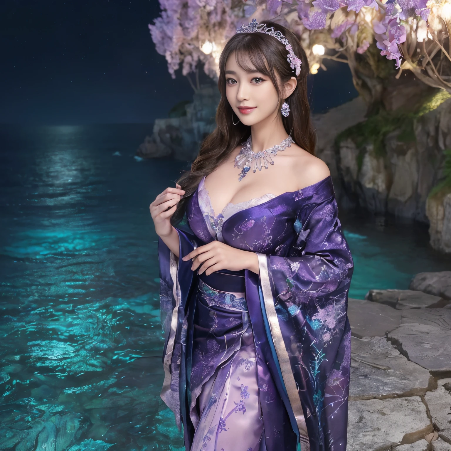 ((top-quality、masutepiece、8K、Top image quality、Highly complex and detailed depictions))、((Princess、slender and large breasts、Jewel-like courtesan furisode、A large and luxurious long-sleeved kimono、Jewel furisode、Furisode that shines in purple and blue、long shining furisode、The furisode has a sparkling gradation of purple and blue..、The finest courtesan furisode、beautiful lace for princesses、A big smile staring at the camera、Shot close to the face))、((I'm at the top of the cliff、i'on a cliff above the sea、view the sea from the cliff、Very fine and rugged rock surface、feel a sense of freedom、Complex and detailed cliff texture、water glowing in the dark、Gaze at the starry sky from the cliff、Very complex and realistic rock texture、Very fine detail、it shows her from the knees up.))、((nigh sky、Midnight、Pitch black night、Full Night、purple and blue sky、the ocean at night、starrysky、Beautiful starry sky、Meteor swarm、shooting stars))、((Colossal, Intricate and sparkling necklace、The finest giant tiara、rainbow))、((Princess Costume、Costume with plenty of high-quality jewelry、intricate giant necklace、The whole body is decorated with fine jewelry、Iridescent decoration))、((Fantastic sea、The sea sparkles like a jewel、Detailed sea,、Fine shine、Glittering Sea、Sparkling water surface))、(Detailed ocean depiction、The most realistic and complex backgrounds、Complex and detailed background))