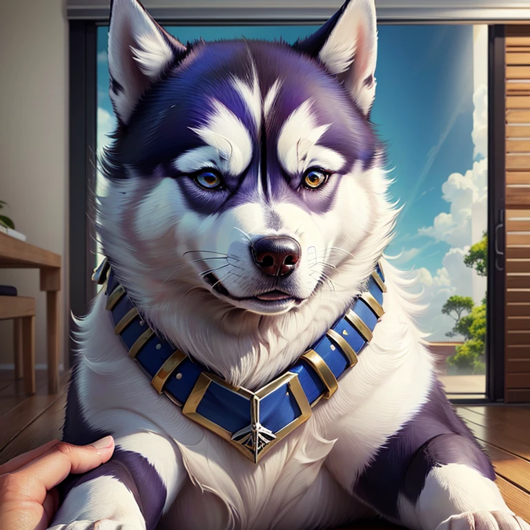 Papel de parede para celular com o husky branco com um olho vermelho e o outro azul vestindo roupa militar com o nome de "KONCRUX"