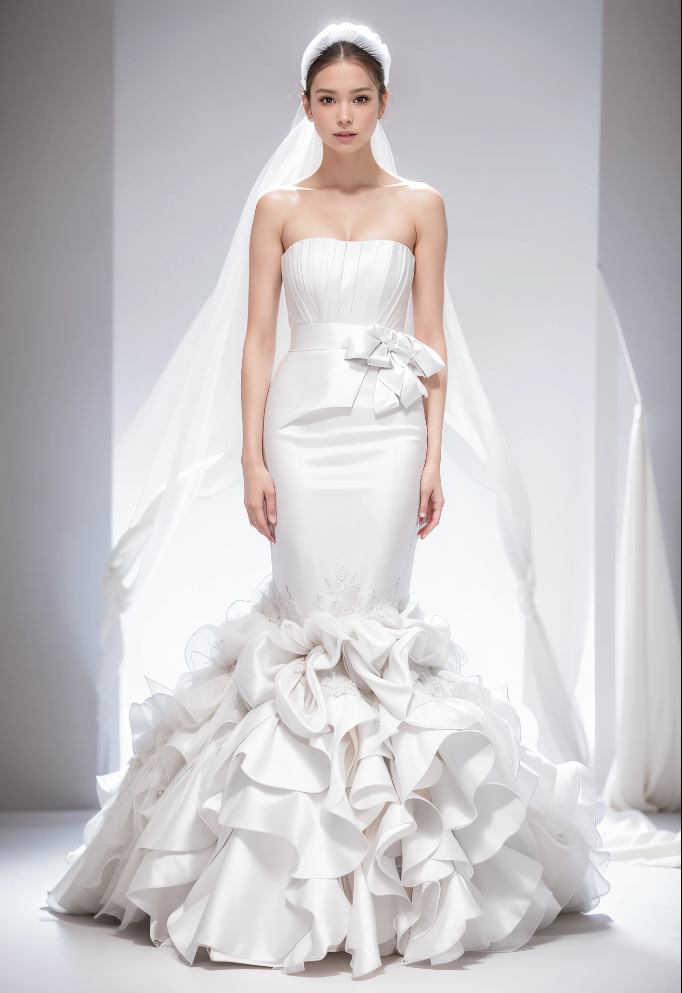 a woman in a white wedding dress in white room, vera wang couture, soft elegant gown, wearing organza gown, dressed beautiful gown, detailed image, inspired by Tadashi Nakayama, gown, stunning detail, wearing long gown, intricate gown, beautiful and elegant, very beautiful and elegant, j - lo, inspiring, flowing gown, romantic gown