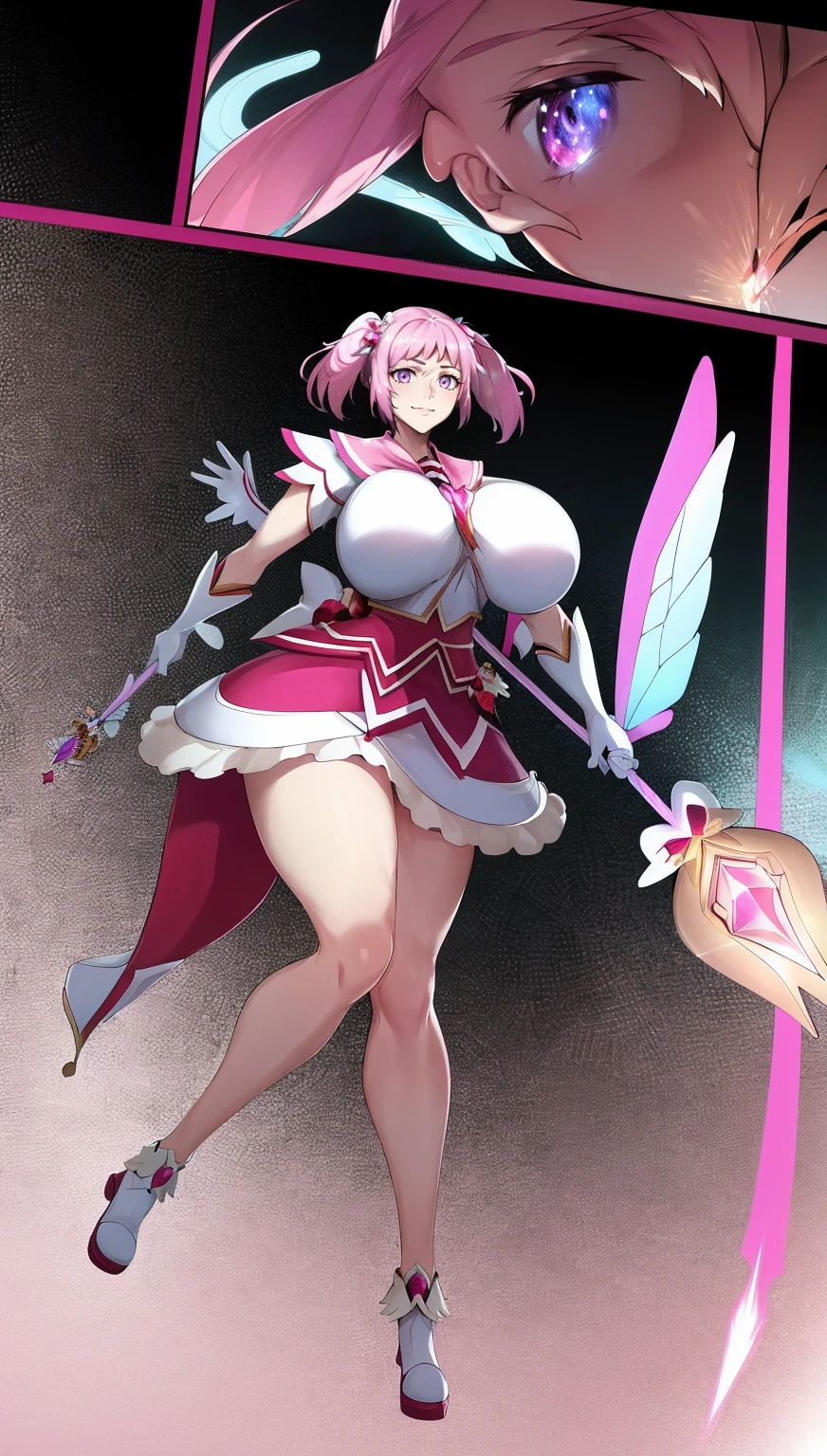 masterpiece, best quality, indoors, mamikafairy, 1girl, solo, looking at viewer,, hand arms full body,boots, standing,cute,breast, curvy, female,fantasy goddess,there is a cartoon picture of a woman with a very large breast, glowing divine being, glowing holy aura, inspired by Luma Rouge, the non-binary deity of spring, ethereal rainbow nimbus, the butterfly goddess of fire, inspired by Mariel, glowing aura around her, astral wind, as the goddess of the saturn, “uwu the prismatic person, big breast, serious, beautiful eyes, , full body, walking, long robe, long dress, ,priestess ,holy, smile, god rays, ray tracing, sparkle, cinematic lighting, UHD, retina, masterpiece, ccurate, anatomically correct, textured skin, super detail, high details, high quality, award winning, best quality, highres, 1080P, HD, 4K, thunder aura, light aura,full, snak staff,closed mouth, huge breast, curvy, bimbo