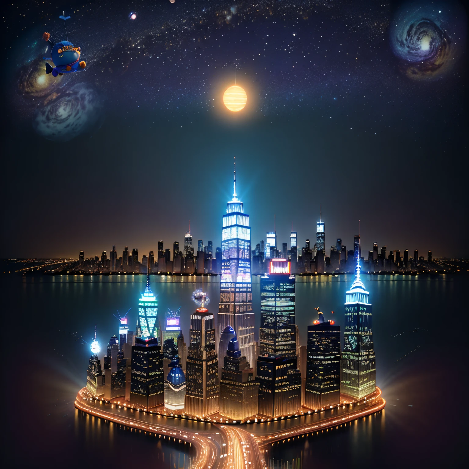 New York cityscape seen from space,Pixar「Toy story」Anthropomorphic cat,knit hat、Lunette de soleil、Waving right hand,sideways Facing,Colored leaves,8K.细致背景、