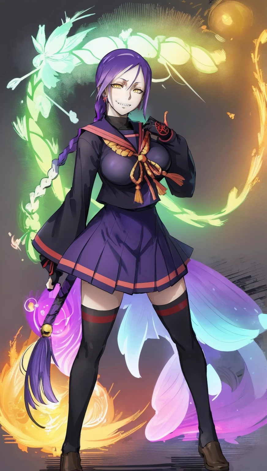 1girl, solo, looking at viewer, cowboy shot, hand arms full body,boots, standing,cute,breast, curvy, female,fantasy goddess,there is a cartoon picture of a woman with a very large breast, glowing divine being, glowing holy aura, inspired by Luma Rouge, the non-binary deity of spring, ethereal rainbow nimbus, the butterfly goddess of fire, inspired by Mariel, glowing aura around her, astral wind, as the goddess of the saturn, “uwu the prismatic person, big breast, serious, beautiful eyes, , full body, walking, long robe, long dress, ,priestess ,holy, smile, god rays, ray tracing, sparkle, cinematic lighting, UHD, retina, masterpiece, ccurate, anatomically correct, textured skin, super detail, high details, high quality, award winning, best quality, highres, 1080P, HD, 4K, thunder aura, light aura,full, snak staff,closed mouth,#anime #character #re:creators #magane chikujoin Trigger Words: chikujoin magane sharp teeth single braid school uniform serafuku pleated skirt thighhighs gloves earrings Version No.:, long skirt, sharpteeth smile