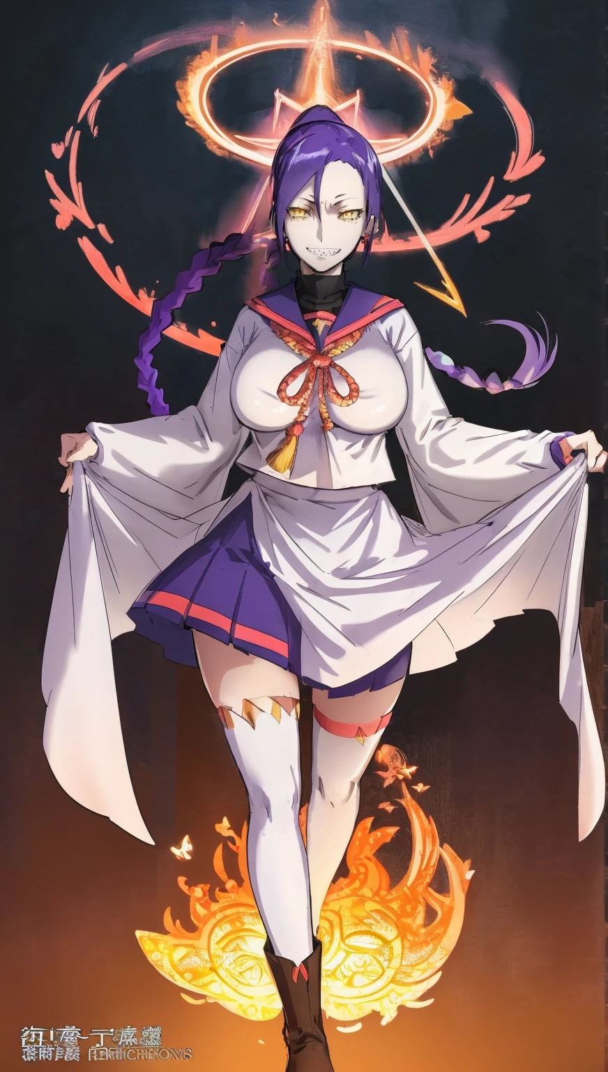 1girl, solo, looking at viewer, cowboy shot, hand arms full body,boots, standing,cute,breast, curvy, female,fantasy goddess,there is a cartoon picture of a woman with a very large breast, glowing divine being, glowing holy aura, inspired by Luma Rouge, the non-binary deity of spring, ethereal rainbow nimbus, the butterfly goddess of fire, inspired by Mariel, glowing aura around her, astral wind, as the goddess of the saturn, “uwu the prismatic person, big breast, serious, beautiful eyes, , full body, walking, long robe, long dress, ,priestess ,holy, smile, god rays, ray tracing, sparkle, cinematic lighting, UHD, retina, masterpiece, ccurate, anatomically correct, textured skin, super detail, high details, high quality, award winning, best quality, highres, 1080P, HD, 4K, thunder aura, light aura,full, snak staff,closed mouth,#anime #character #re:creators #magane chikujoin Trigger Words: chikujoin magane sharp teeth single braid school uniform serafuku pleated skirt thighhighs gloves earrings Version No.:, long skirt, sharpteeth smile
