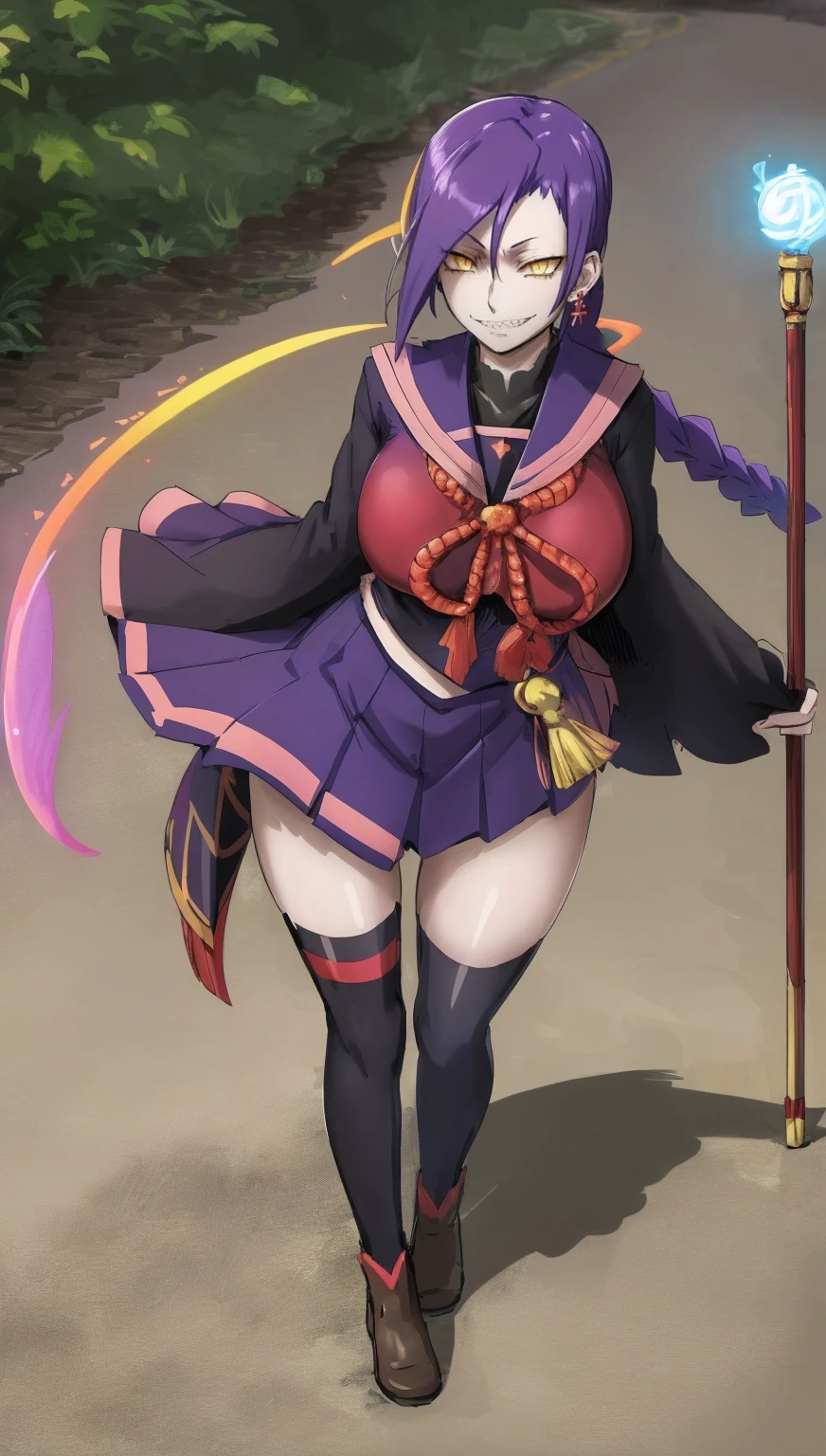1girl, solo, looking at viewer, cowboy shot, hand arms full body,boots, standing,cute,breast, curvy, female,fantasy goddess,there is a cartoon picture of a woman with a very large breast, glowing divine being, glowing holy aura, inspired by Luma Rouge, the non-binary deity of spring, ethereal rainbow nimbus, the butterfly goddess of fire, inspired by Mariel, glowing aura around her, astral wind, as the goddess of the saturn, “uwu the prismatic person, big breast, serious, beautiful eyes, , full body, walking, long robe, long dress, ,priestess ,holy, smile, god rays, ray tracing, sparkle, cinematic lighting, UHD, retina, masterpiece, ccurate, anatomically correct, textured skin, super detail, high details, high quality, award winning, best quality, highres, 1080P, HD, 4K, thunder aura, light aura,full, snak staff,closed mouth,#anime #character #re:creators #magane chikujoin Trigger Words: chikujoin magane sharp teeth single braid school uniform serafuku pleated skirt thighhighs gloves earrings Version No.:, long skirt, sharpteeth smile