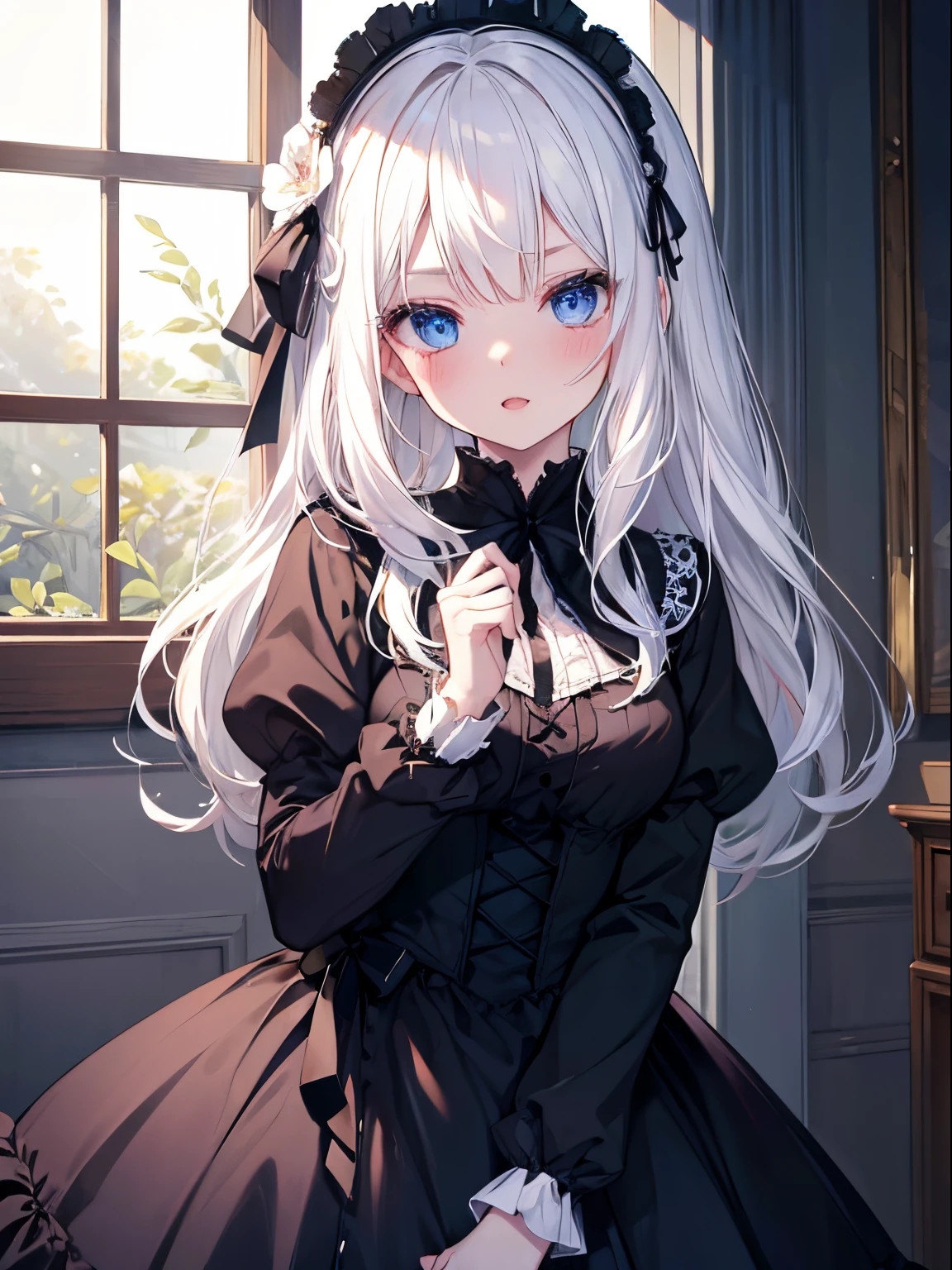 masutepiece, Highest Quality, (Perfect face:1.1), (high detailing:1.1), (ultradetailed eyes), Dramatic,  superfine illustration, Extremely detailed, 1girl in, (pale skin), (Medium White Hair), Ethereal eyes, blue eyes,tareme, (light eyebrow),blush,Solo, Smile, Open mouth,Pouty lips,Cinematic lighting, Looking at Viewer,cowboy shot,Gothic lolita, frilld, bow ribbon,Head dress, Black,a room