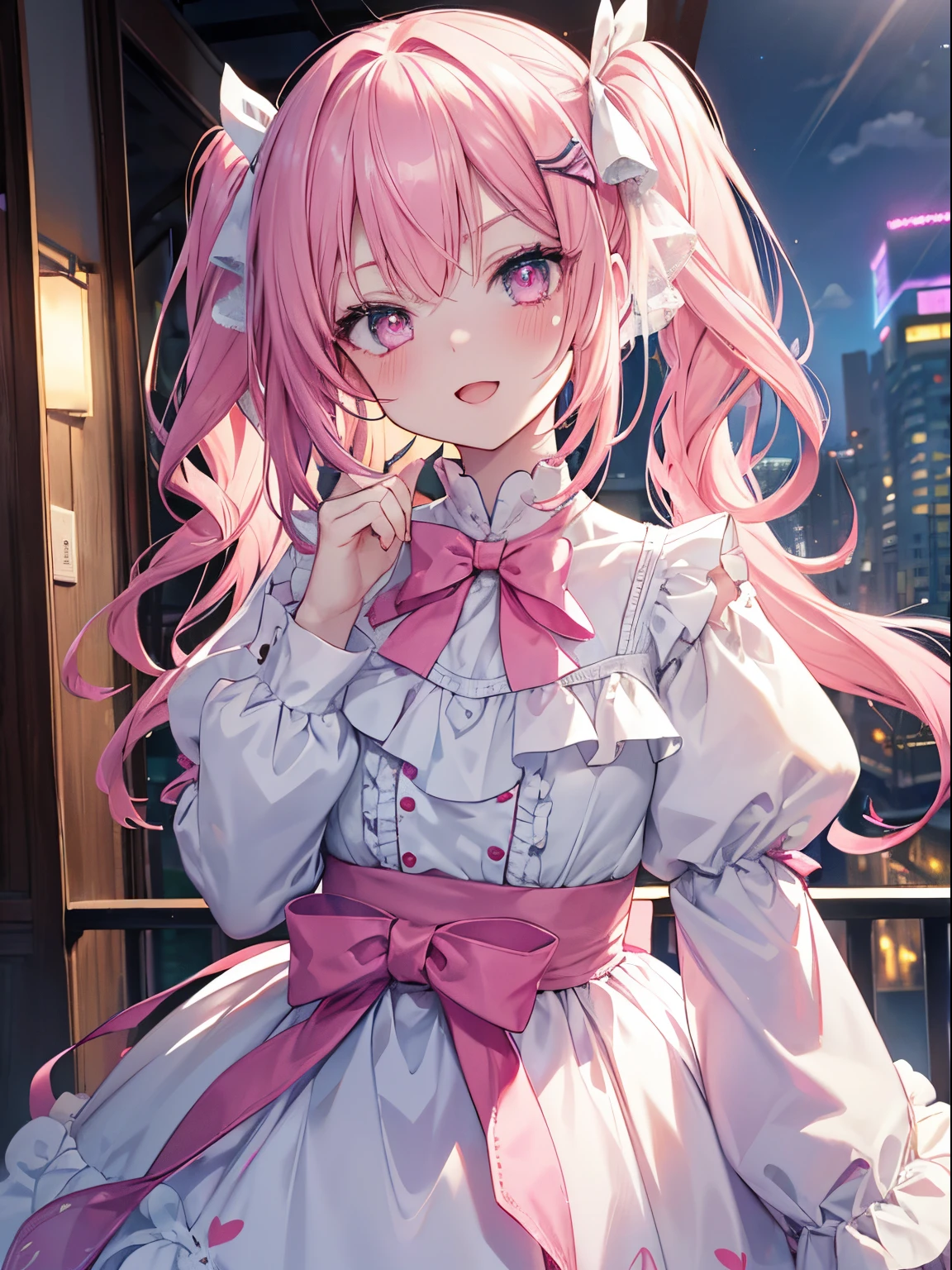 masutepiece, Highest Quality, (Perfect face:1.1), (high detailing:1.1), (ultradetailed eyes), Dramatic, superfine illustration, Extremely detailed,1girl in, (pale skin),Smile, Open mouth,gloweyes,pinkhair, (Twin-tailed),Ethereal eyes, pink eye,(light eyebrow),blush, Solo,, Pouty lips,Cinematic lighting,Cowboy Shot,Lolita clothes,frilld, bow ribbon, Pink, Long sleeve, balconies、The weather is sunny、Bright sunshine