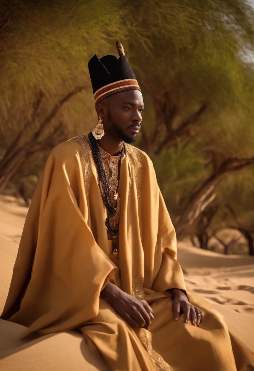 Adekunle is riding a camel through the vast desert,original,Prince Adekunle Adebayo, a fictitious Nigerian royal, portrays himself with an aura of elegance and persuasive charm. He’s often seen in opulent, traditional Nigerian robes, his appearance crowned by a confident, yet earnest expression, designed to evoke trust and sympathy.