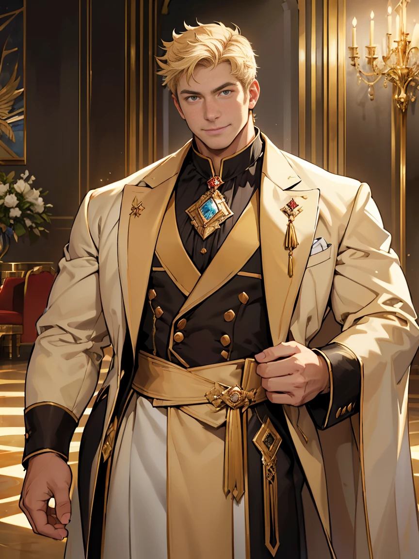 (constantinethegreat) young man,(warm smile,bright sharp eyes),(thick neck, broad shoulders, thick chest),(strong muscular build),life savior, (secretly heir to a world-renowned luxury hotel group),summer resort,(masterpiece,ultra high quality)