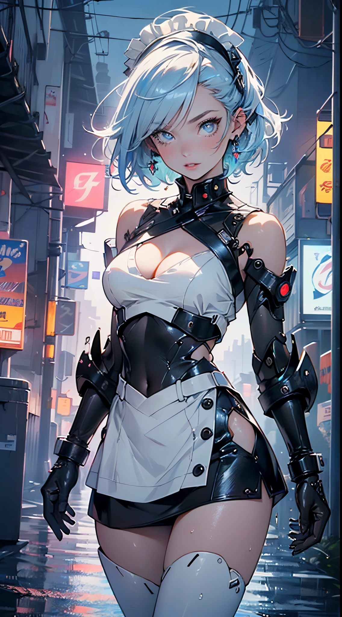 (cyborg girl),(cyborg girl:1.5),maid android,((1girl)),((mechanical robot girl with extremely cute and beautiful pale blue hair)),

(large breasts:1.4),saggy breasts,(((pale blue bob hair:1.35,colored inner hair,short hair,ear breathing))),(((doll))),((pale white skin,doll joints:1.5,mechanical hands:1.5)),((silver armored dress,tesla coils)),((maid mechanical doll:1.5,body of a machine:1.5,metallic skin,ball joint,cyborg:1.5, robotic parts:1.5,robot:1.5,mechanical joints: 1.4,mechanical limbs)),(((pale_blue_eyes:1.3))),intricate eyes,beautiful detailed eyes,symmetrical eyes,((fat)),(((lustrous skin:1.5,bright skin: 1.5,shiny skin,very shiny skin,shiny body,plastic glitter skin,exaggerated shiny skin,illuminated skin,wet legs))),(spider lower abdomen,narrow waist,wide hip,detailed body,(detailed face)),

cute,slutty,seductive,erotic,((nsfw)),

(maid headdress),bare_shoulders,delicate metal decorations,Headdress,(maid),sleeveless,miniskirt,boots,cleavage_cutout,bare_legs,((wet clothes,intricate outfit,intricate clothes,intricate details)),

(dynamic pose:1.0),embarrassed,(centered,scale to fit dimensions,Rule of thirds),

cyberpunk city by the ocean at night, with bright neon signs and dark stormy clouds and puddles, scenery:1.25,nighttime, starry night, cosmos,Very dark night that makes the neon lights stand out, very bright neon lights,nighttime, starry night, cosmos,,

artistic photography,(photography taken by sldr),highres, sharp focus,(ultra detailed, extremely detailed), (photorealistic artwork:1.37),(extremely detailed CG unity 8k wallpaper),((synthwave background theme)),(((vibrant colors))),intricate,(intricate background),(masterpiece),(best quality),perfect rendered face,perfect face details,realistic face,photo realistic,analog style,((intricate detail)),(((realism))),