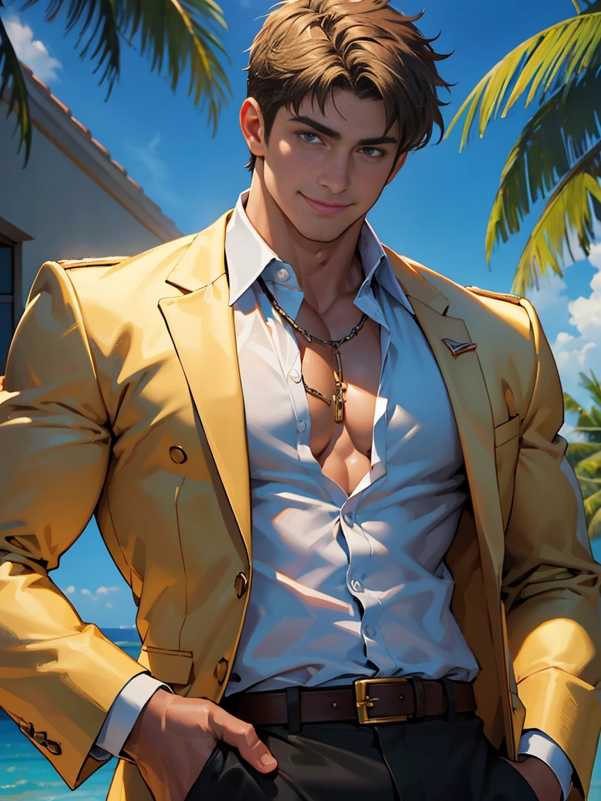 (best quality,highres:1.2), ultra-detailed, photorealistic, Constantine the Great resurrected in the modern world. A young adult male. Warm smile. Bright and sharp eyes. Thick neck. Broad shoulders. Muscular chest. Lifesaver. Secretly the heir to a world-renowned luxury hotel group. Summer resort. Masterpiece. Exuding high luxury.