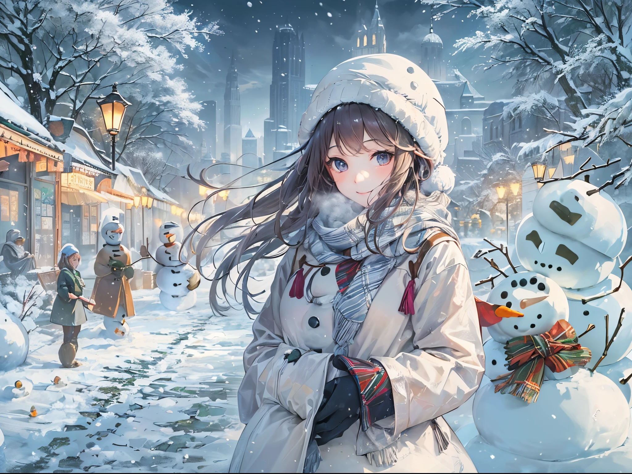 ((Finest quality)),(超A high resolution),(ultra-detailliert),(Meticulous portrayal),((Best Anime)),(Finest works of art),Ultra-Precision Art,The art of astounding depiction,Overwhelming depiction:1.5, (One girl:1.5),Gentle smile:1.3, snowscape:1.3 (snowman:1.5)