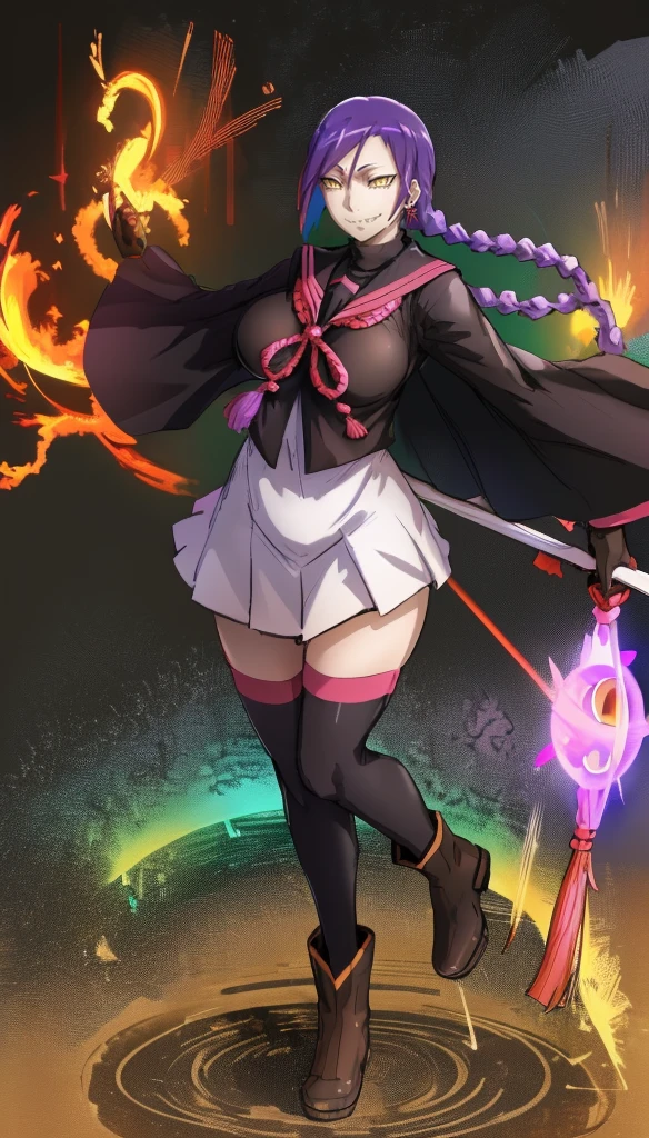1girl, solo, looking at viewer, cowboy shot, hand arms full body,boots, standing,cute,breast, curvy, female,fantasy goddess,there is a cartoon picture of a woman with a very large breast, glowing divine being, glowing holy aura, inspired by Luma Rouge, the non-binary deity of spring, ethereal rainbow nimbus, the butterfly goddess of fire, inspired by Mariel, glowing aura around her, astral wind, as the goddess of the saturn, “uwu the prismatic person, big breast, serious, beautiful eyes, , full body, walking, long robe, long dress, ,priestess ,holy, smile, god rays, ray tracing, sparkle, cinematic lighting, UHD, retina, masterpiece, ccurate, anatomically correct, textured skin, super detail, high details, high quality, award winning, best quality, highres, 1080P, HD, 4K, thunder aura, light aura,full, snak staff,closed mouth,#anime #character #re:creators #magane chikujoin Trigger Words: chikujoin magane sharp teeth single braid school uniform serafuku pleated skirt thighhighs gloves earrings Version No.:, long skirt, sharpteeth smile