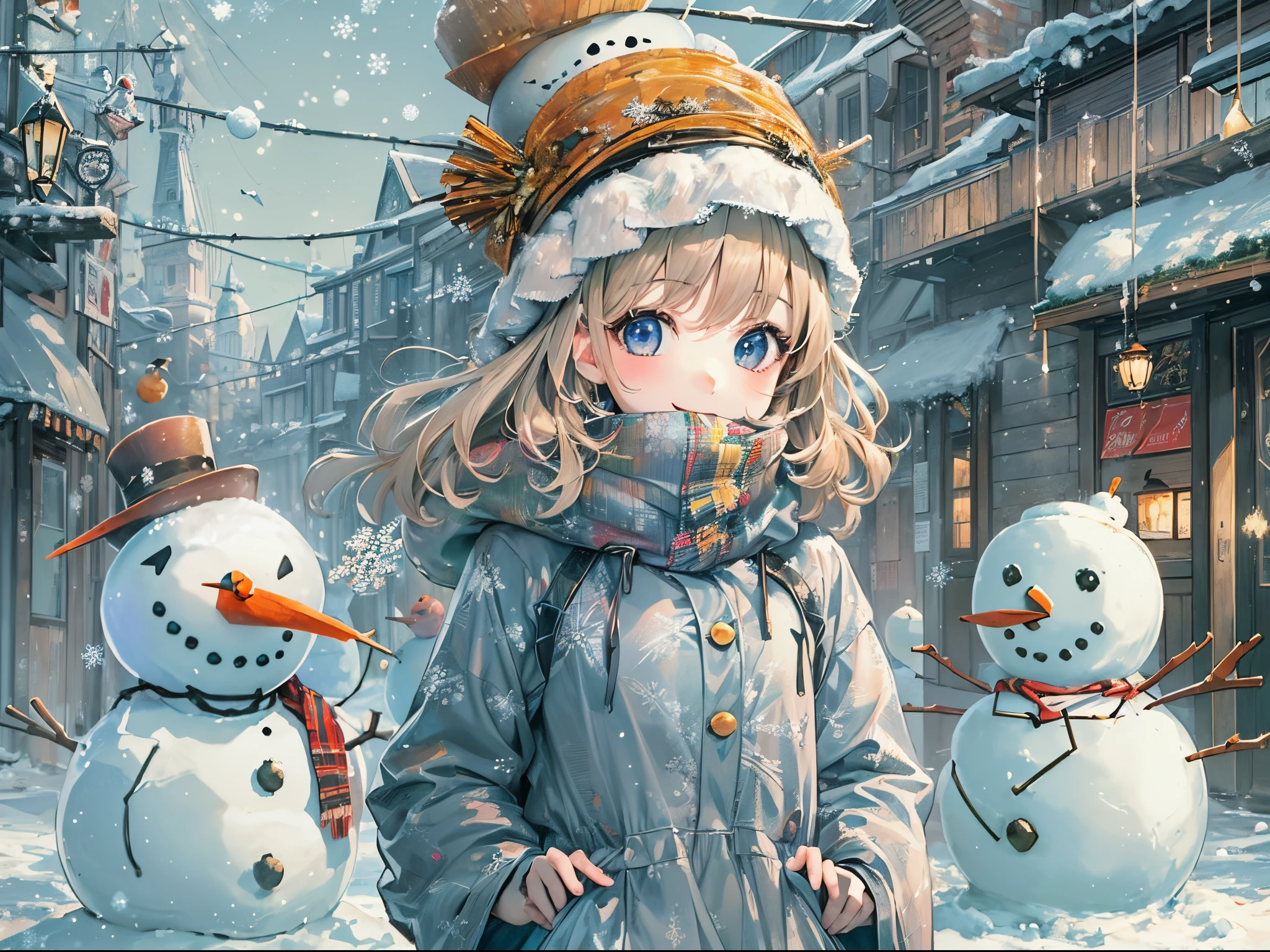 ((Finest quality)),(超A high resolution),(ultra-detailliert),(Meticulous portrayal),((Best Anime)),(Finest works of art),Ultra-Precision Art,The art of astounding depiction,Overwhelming depiction:1.5, (One girl:1.5),Gentle smile:1.3, snowscape:1.3 (snowman:1.5)
