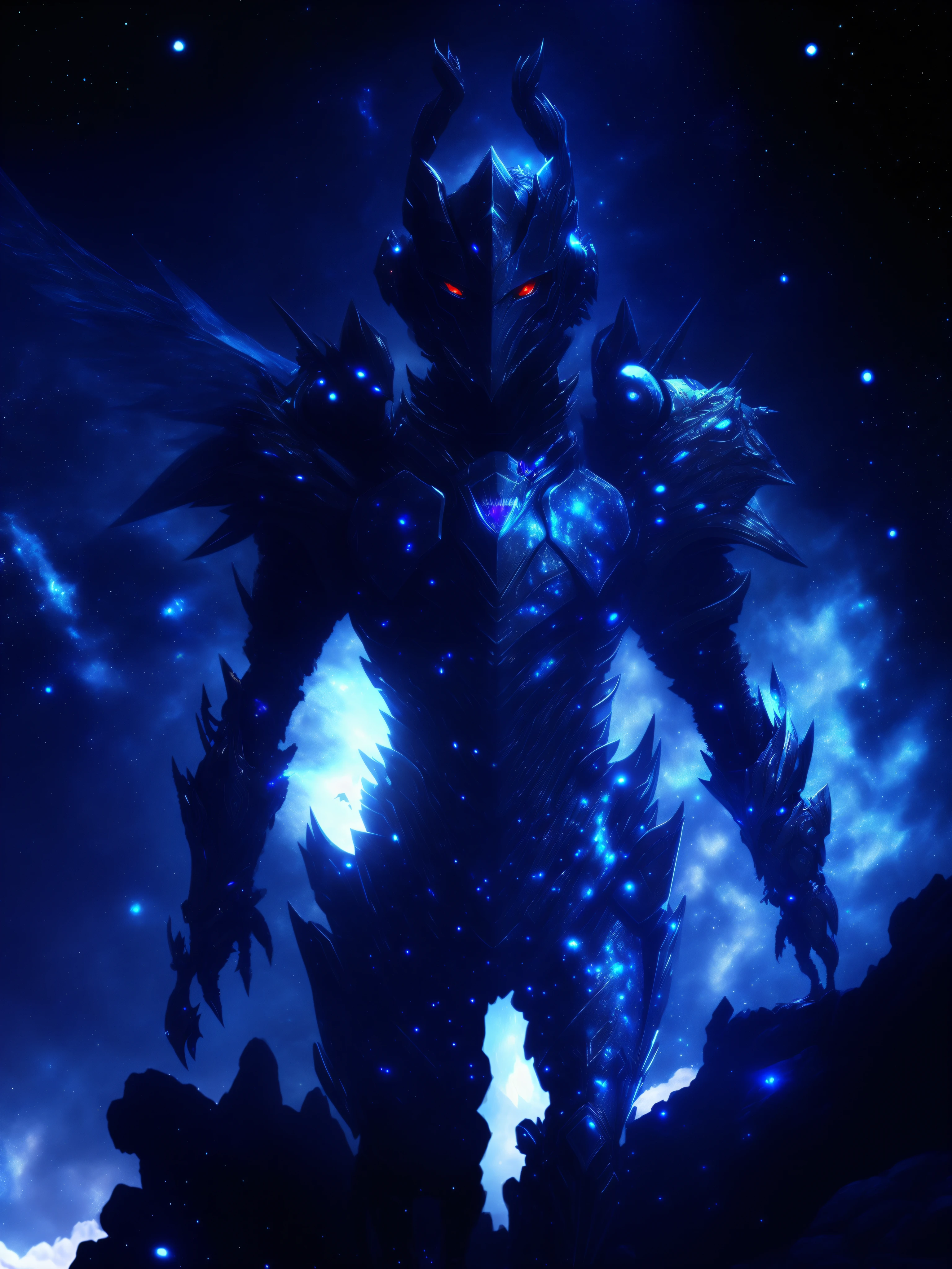 araffe in a dark blue space with a white penguin, dragon inspired blue armor, epic fantasy digital art style, badass anime 8 k, intricate glowing mecha armor, 4k anime wallpaper, concept art wallpaper 4k, amazing space creature 4 k, blue armor, epic fantasy art style hd, alien space knight, 4k highly detailed digital art