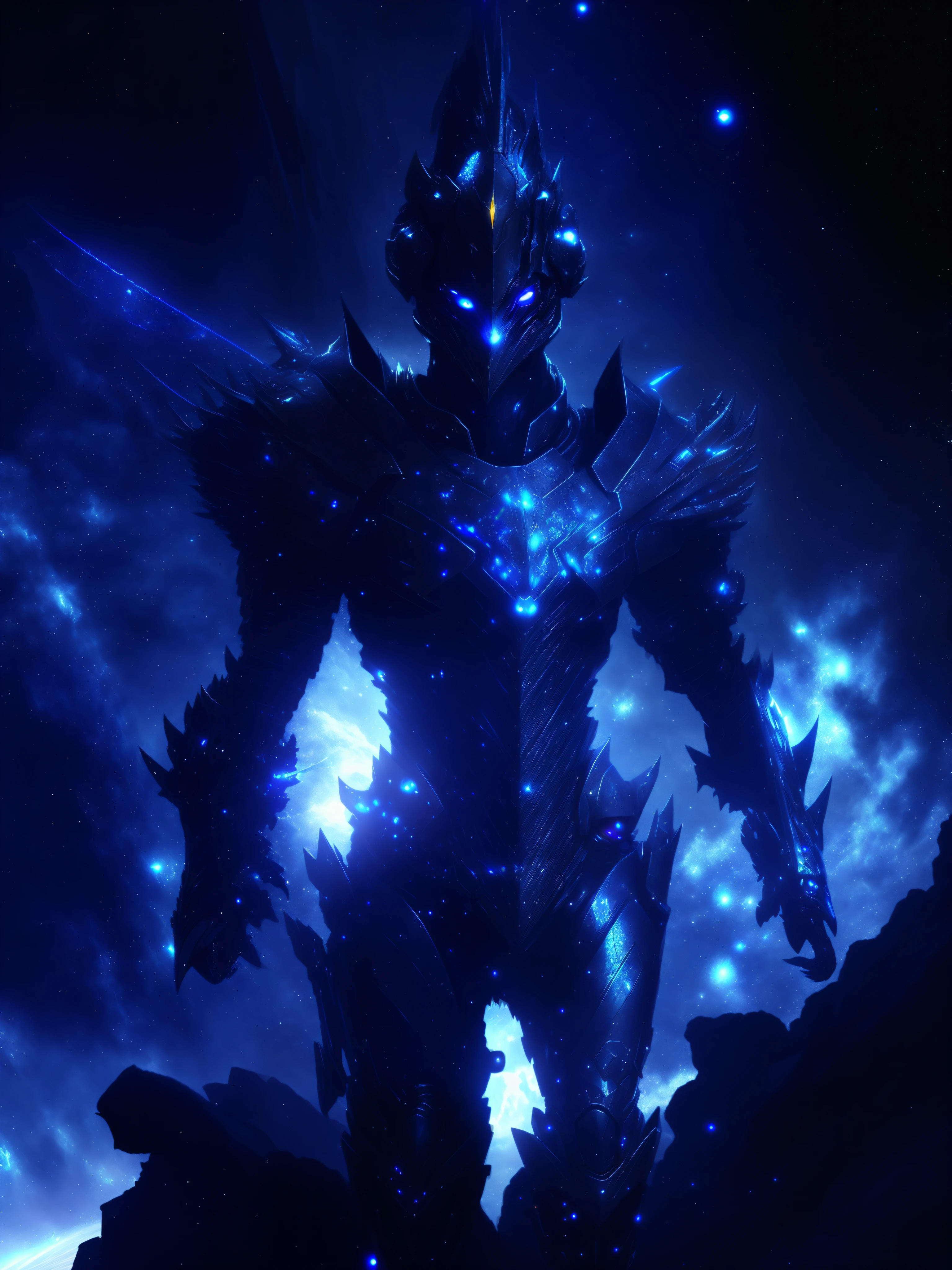 araffe in a dark blue space with a white penguin, dragon inspired blue armor, epic fantasy digital art style, badass anime 8 k, intricate glowing mecha armor, 4k anime wallpaper, concept art wallpaper 4k, amazing space creature 4 k, blue armor, epic fantasy art style hd, alien space knight, 4k highly detailed digital art