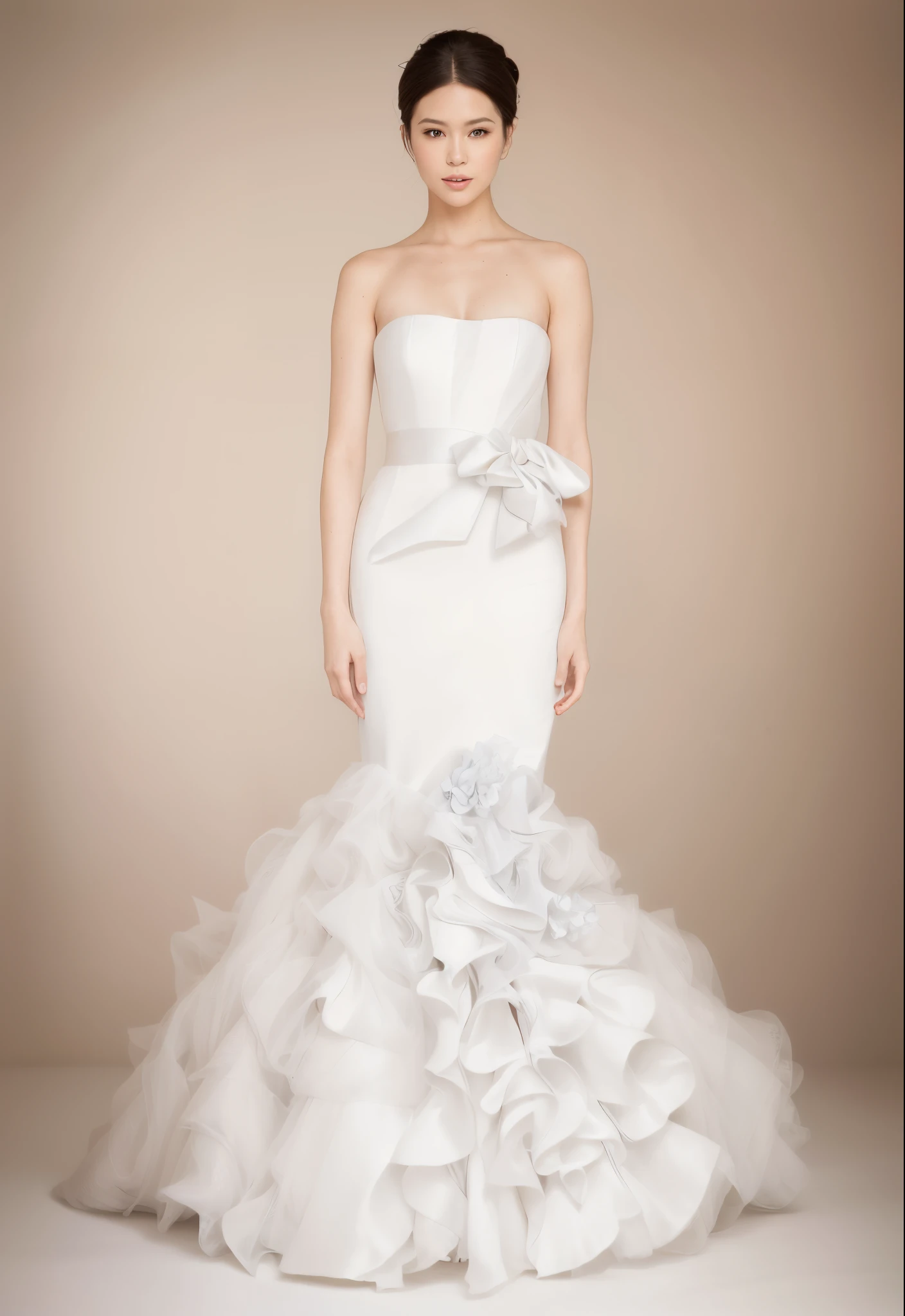 a woman in a white wedding dress with a large bow on her head, vera wang couture, soft elegant gown, wearing organza gown, dressed beautiful gown, detailed image, inspired by Tadashi Nakayama, gown, stunning detail, wearing long gown, intricate gown, beautiful and elegant, j - lo, very beautiful and elegant, inspiring, flowing gown, romantic gown