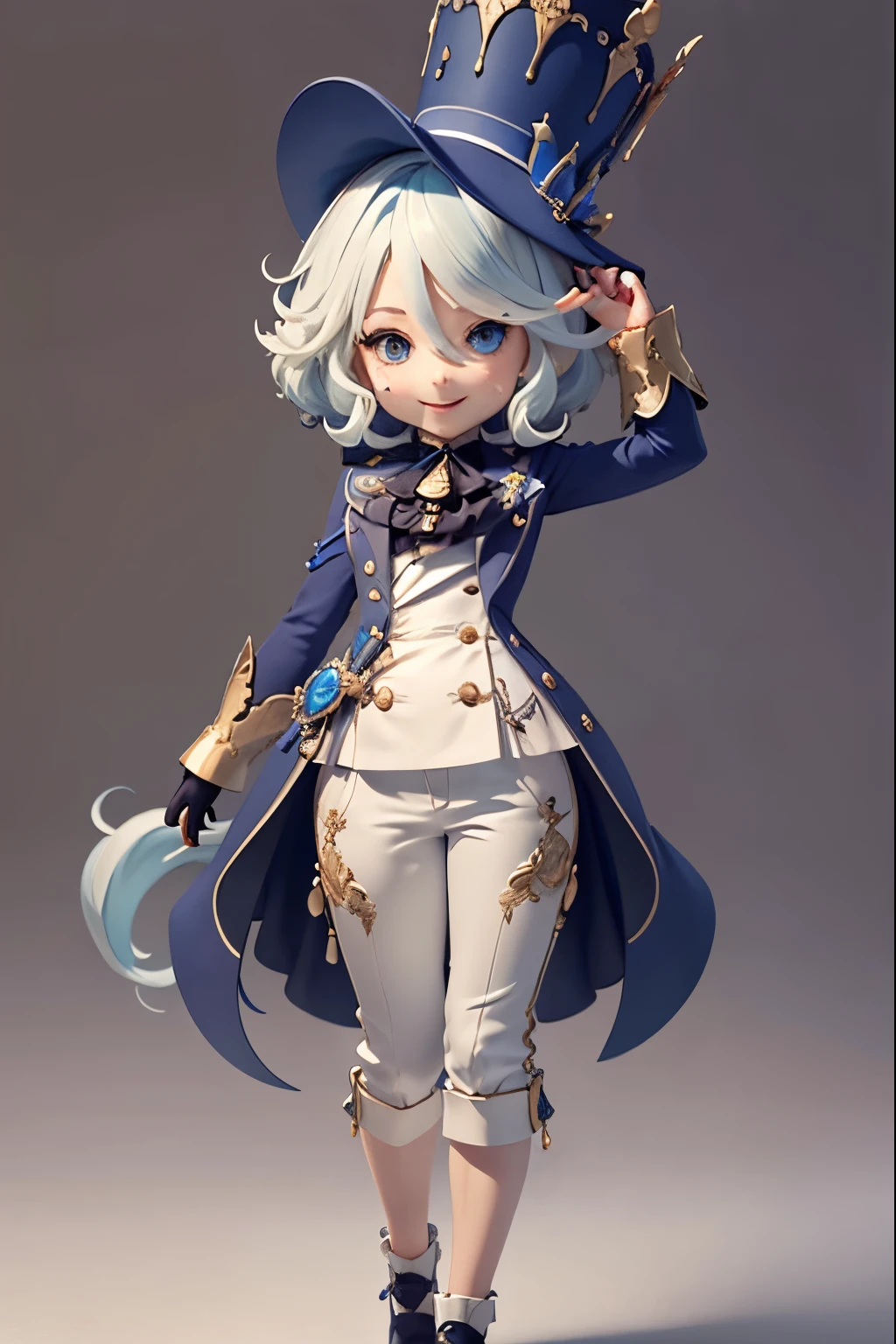 (tmasterpiece, Best quality, A high resolution),
Forina, tailcoat, upper part of body, close your mouth, ssmile, shorter pants, Top hat,
full body, chibi