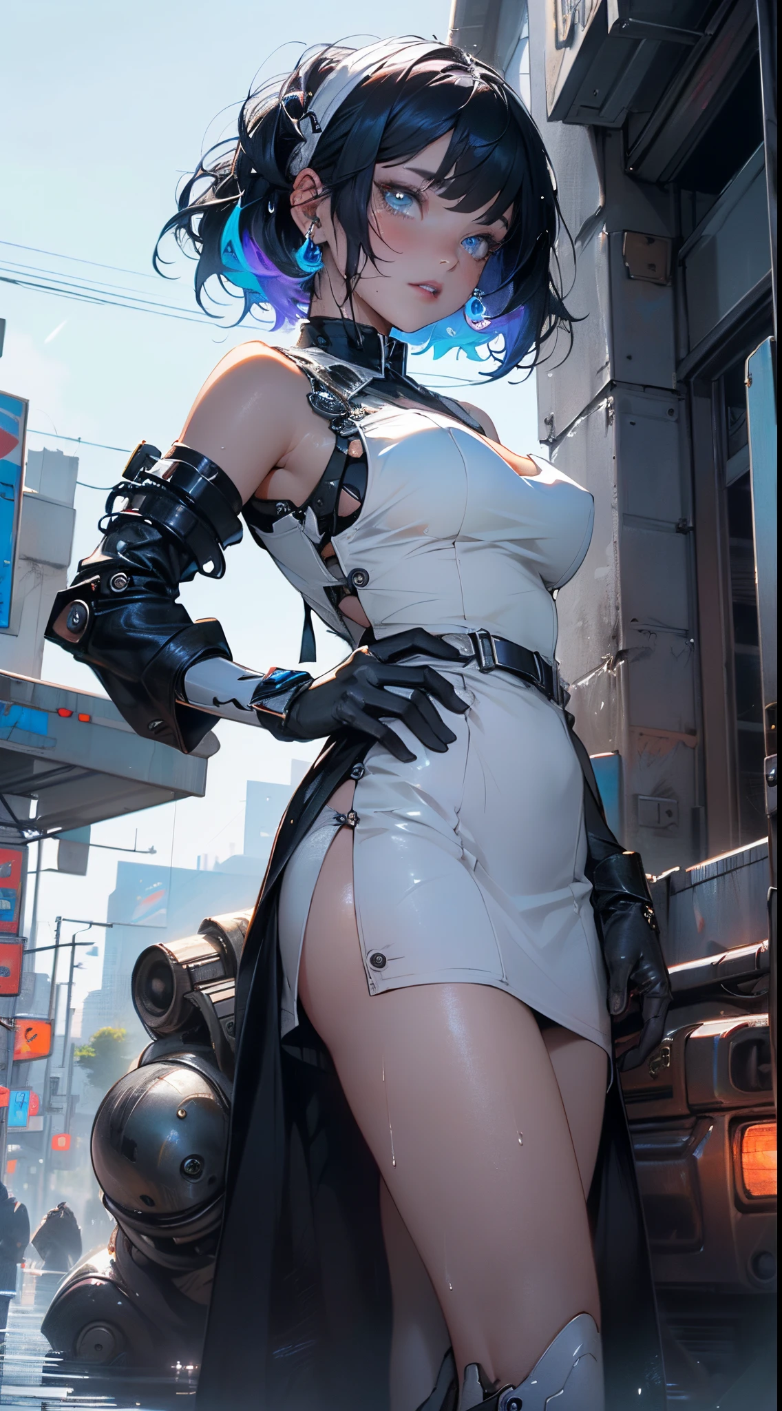 nsfw、(masterpiece, Highest quality, Super detailed:1.3), Perfect composition, 4K, (Very detailed, Super detailed),(Rainy cyberpunk night city:1.5), (Brown full-body tights)、Wear a white swimsuit over tights、White sheer long latex gloves、Transparent long latex tights,(The skin is slightly visible)、 High resolution, 8k Texture, Attention to detail, Very detailed肌の質感, Magnificent details, High Sharpness, One girl, (Fine grain:1.3), (25-year-old woman:1.3),(A smile that lowers the corners of the eyeouth showing teeth、((Rain makes me wet))