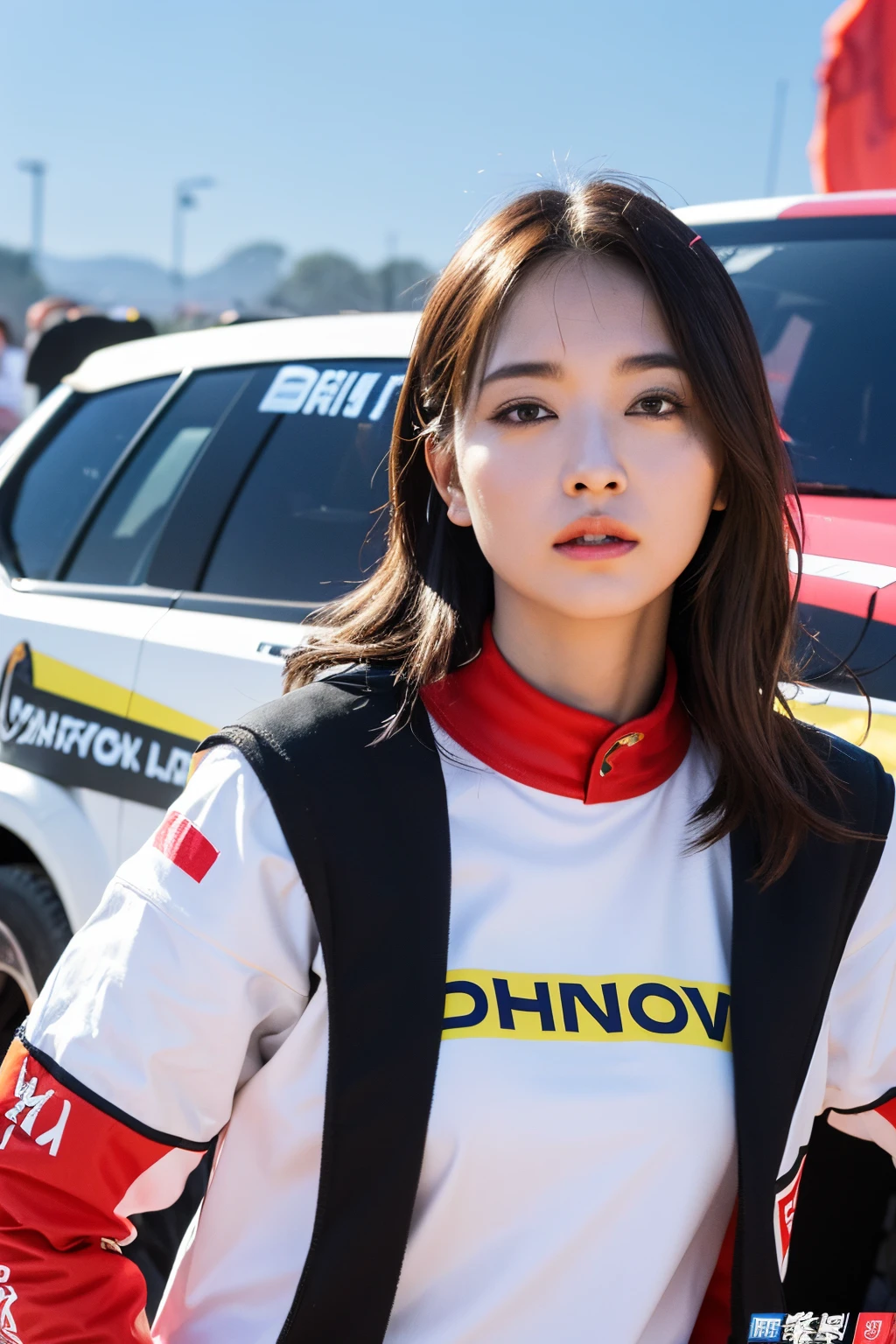 (extra detailed body、extra detailed face、best qualtiy:1.2)、femele、looking at the viewers、(female rally driver)、(rally label on background、drift)