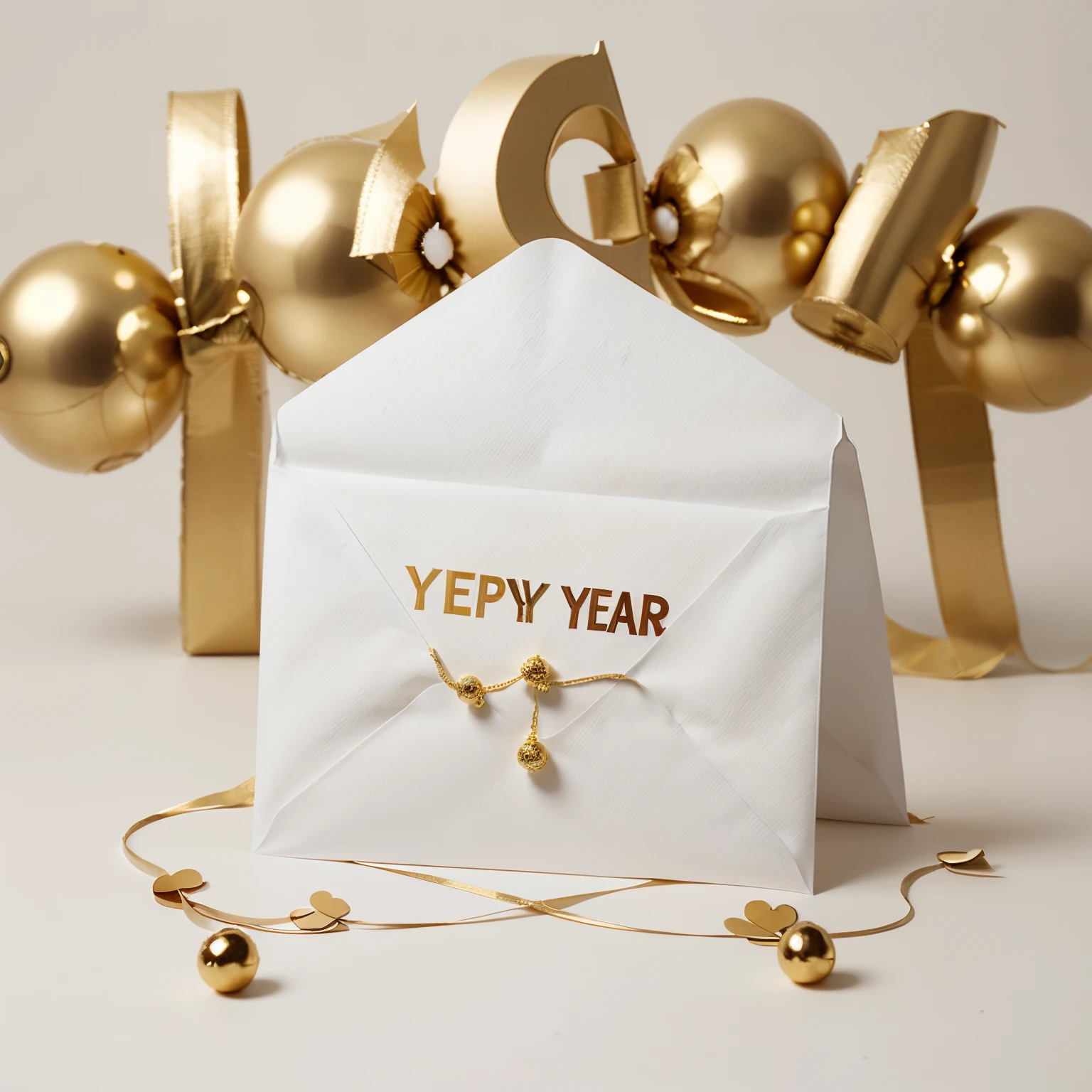 New Year's paper white open envelope decorated with New Year's balls and garland on a white background