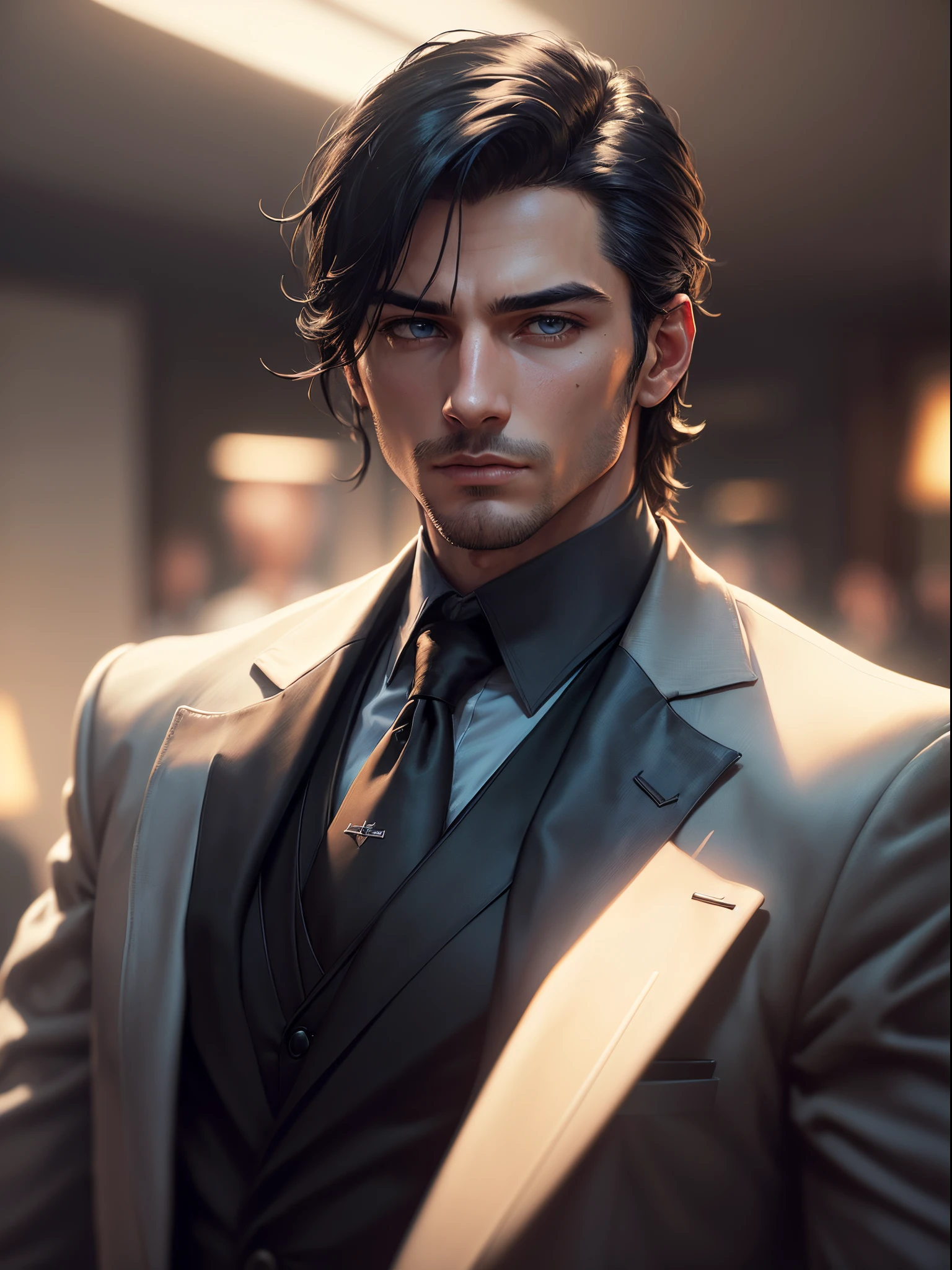 ((1male, solo, male_focus), CEO, ((Mafia boss)), medium black hair, hair pushed back, handsome face, full_body, high corporation, tanned skin, olive skin, Italian descend, Irish descend, mature, ((34 years old)), ice blue eyes, handsome, formal_attire)
(High-Definition, Sunlight:0.5, Soft_Shadows:0.5, Atmospheric_lighting, 8k, 4k, hyper-realistic, elegant, ((((cinematic appearance)))), soft tones, soft cinematic lights, ((close up, portrait)))