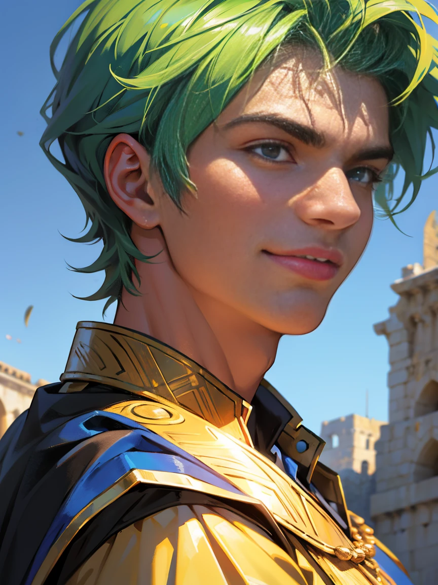 (best quality,highres:1.2),ultra-detailed,sharp focus,vivid colors,professional,portrait,ancient Rome,Emperor Constantine the Great,young adult male,keen eyes,looking up at the sky,gentle smile,famous international journalist,warm travel writer,caring about daily lives of people,ambitious,passionate,firm beliefs,sincere,kind-hearted,yet uncompromising and stern when necessary,Jerusalem background.