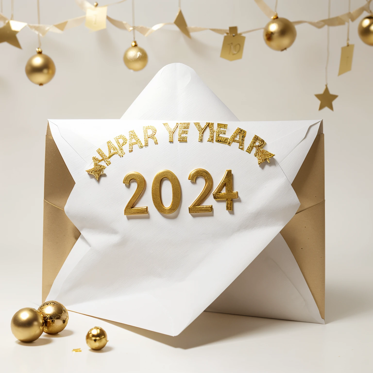 New Year&#39;paper white open envelope, decorated with New Year&#39;balls and garland on a white background, volumetric gold numbers 2024