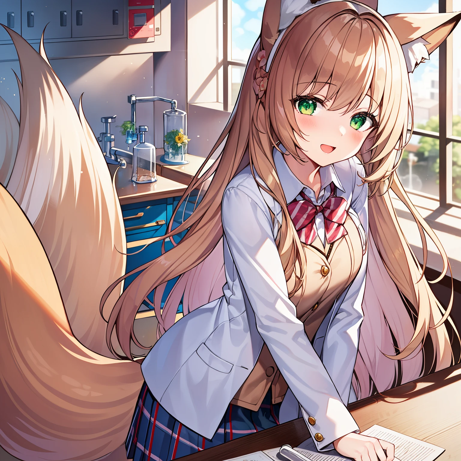 tmasterpiece,Best quality,A high resolution,1 girl, Alone, (8k wallpaper), (Brown hair long),(Huge fox tail:1.2),Green-eyed,Small flower headdress,16yo girl_C cups,modernn architecture,School chemistry laboratory,Girl doing chemistry experiments,Wear a student uniform,Curious and excited expression,The perspective is from top to bottom,