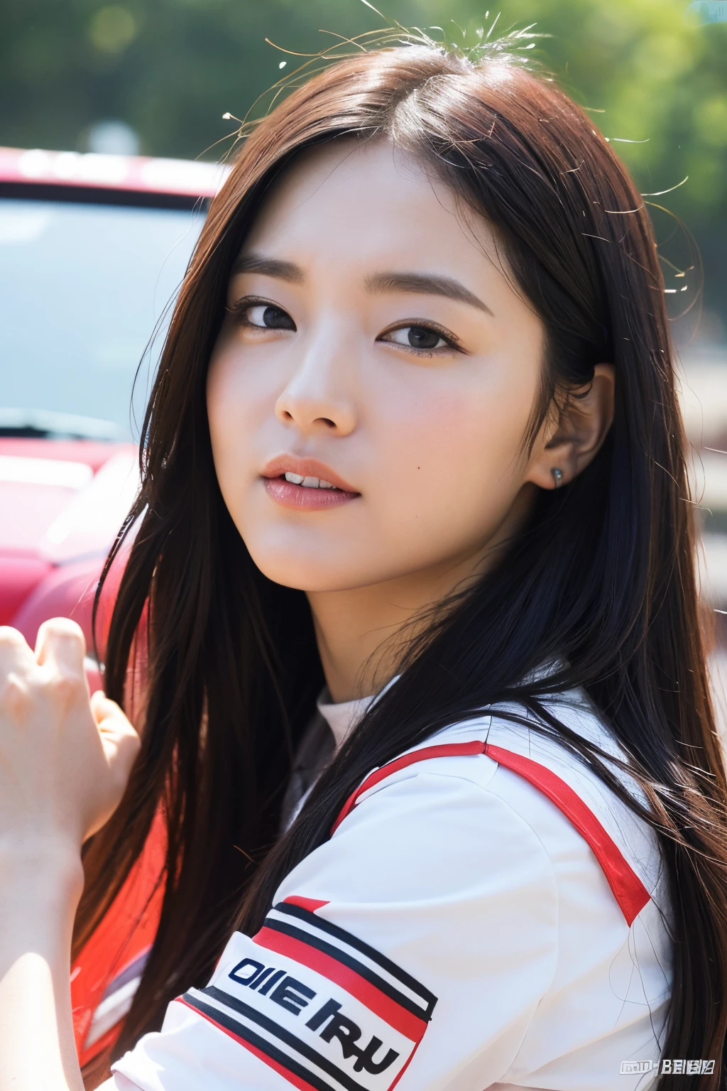 (extra detailed body、extra detailed face、best qualtiy:1.2)、femele、looking at the viewers、(female rally driver)、(rally label on background、drift)